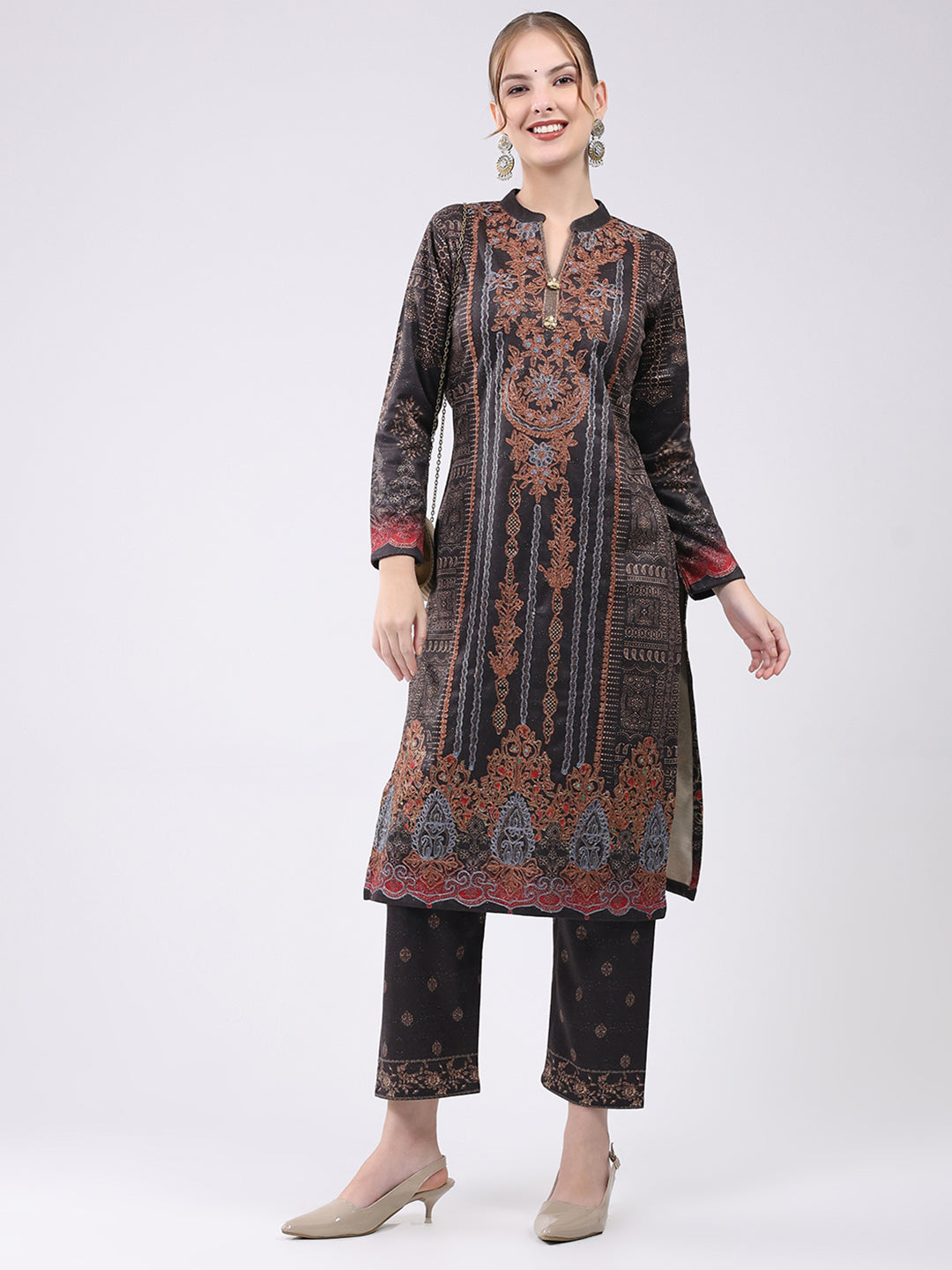 Women Brown Printed Round Neck Full Sleeve Kurti Set for Winter