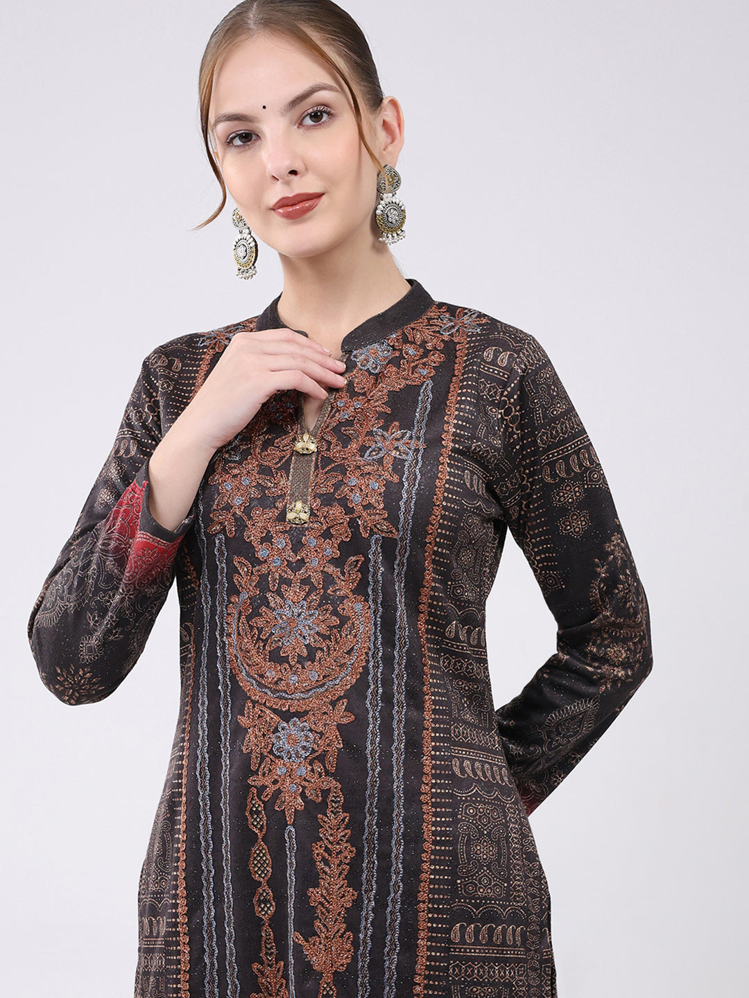 Women Brown Printed Round Neck Full Sleeve Kurti Set for Winter