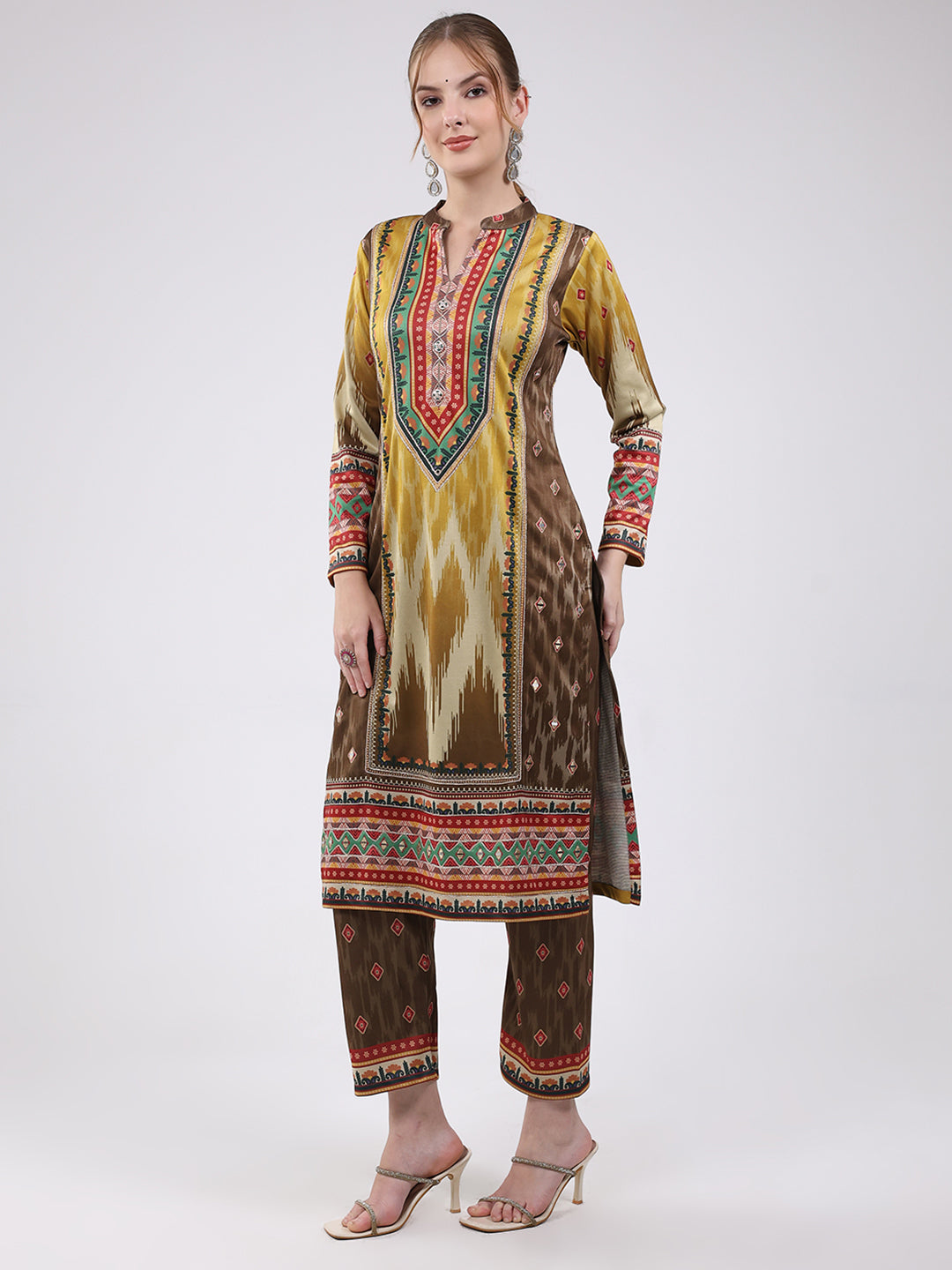 Women Multicolor Printed Round Neck Full Sleeve Kurti Set for Winter