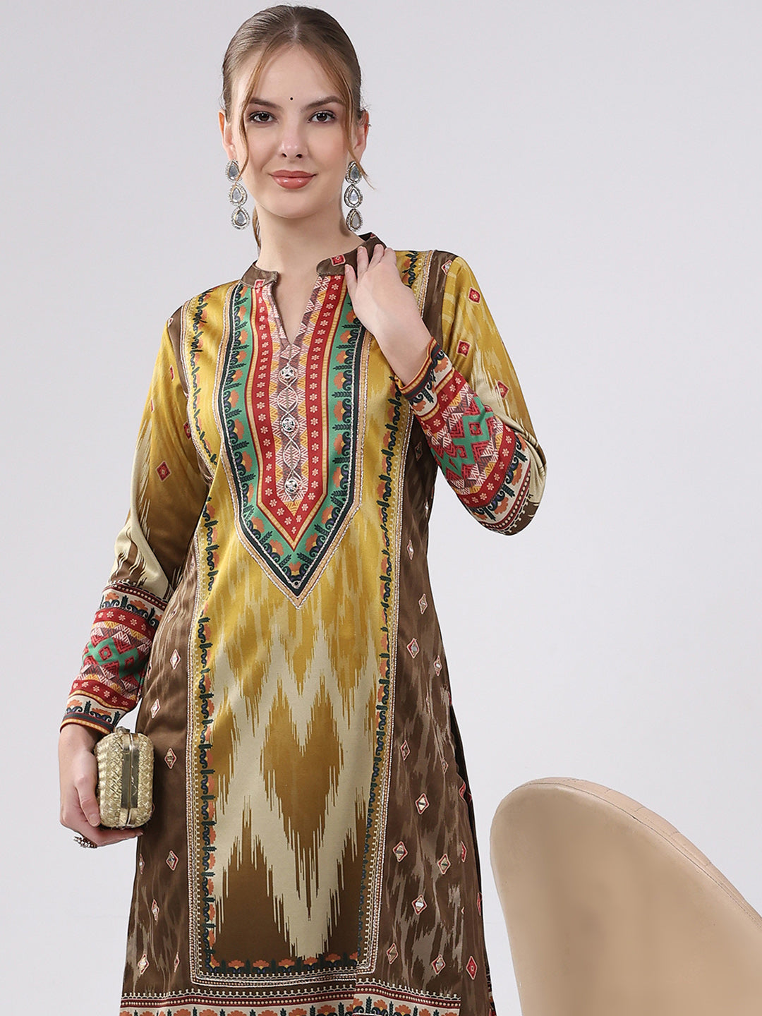 Women Multicolor Printed Round Neck Full Sleeve Kurti Set for Winter