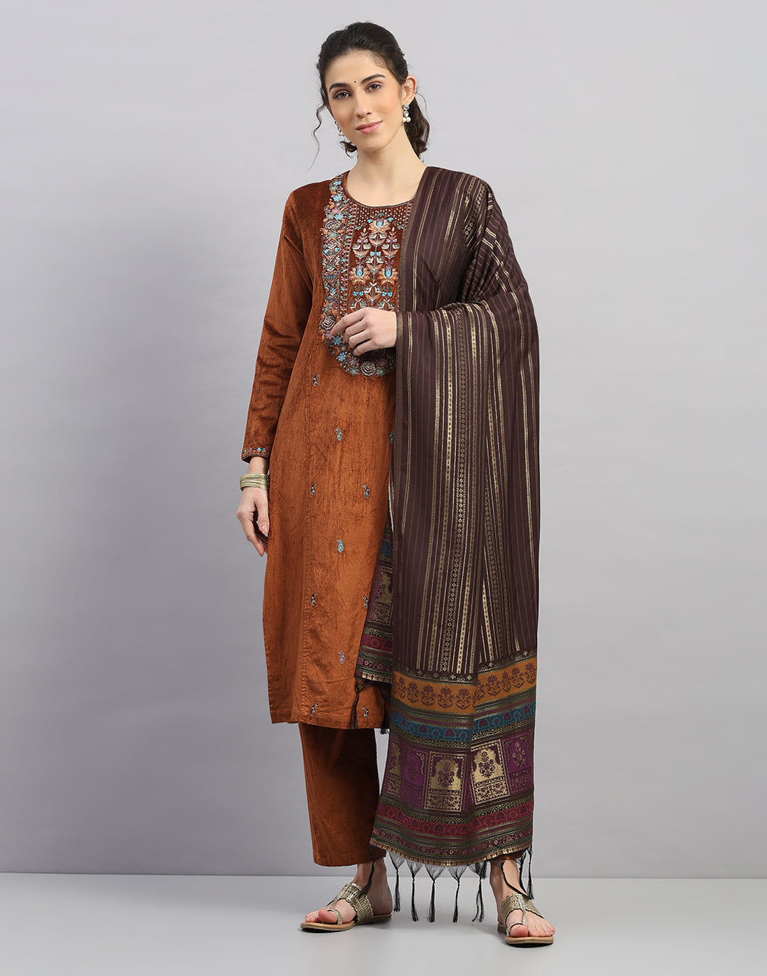 Women Rust Printed Round Neck Full Sleeve 3 Pc Kurtis Set for Winter