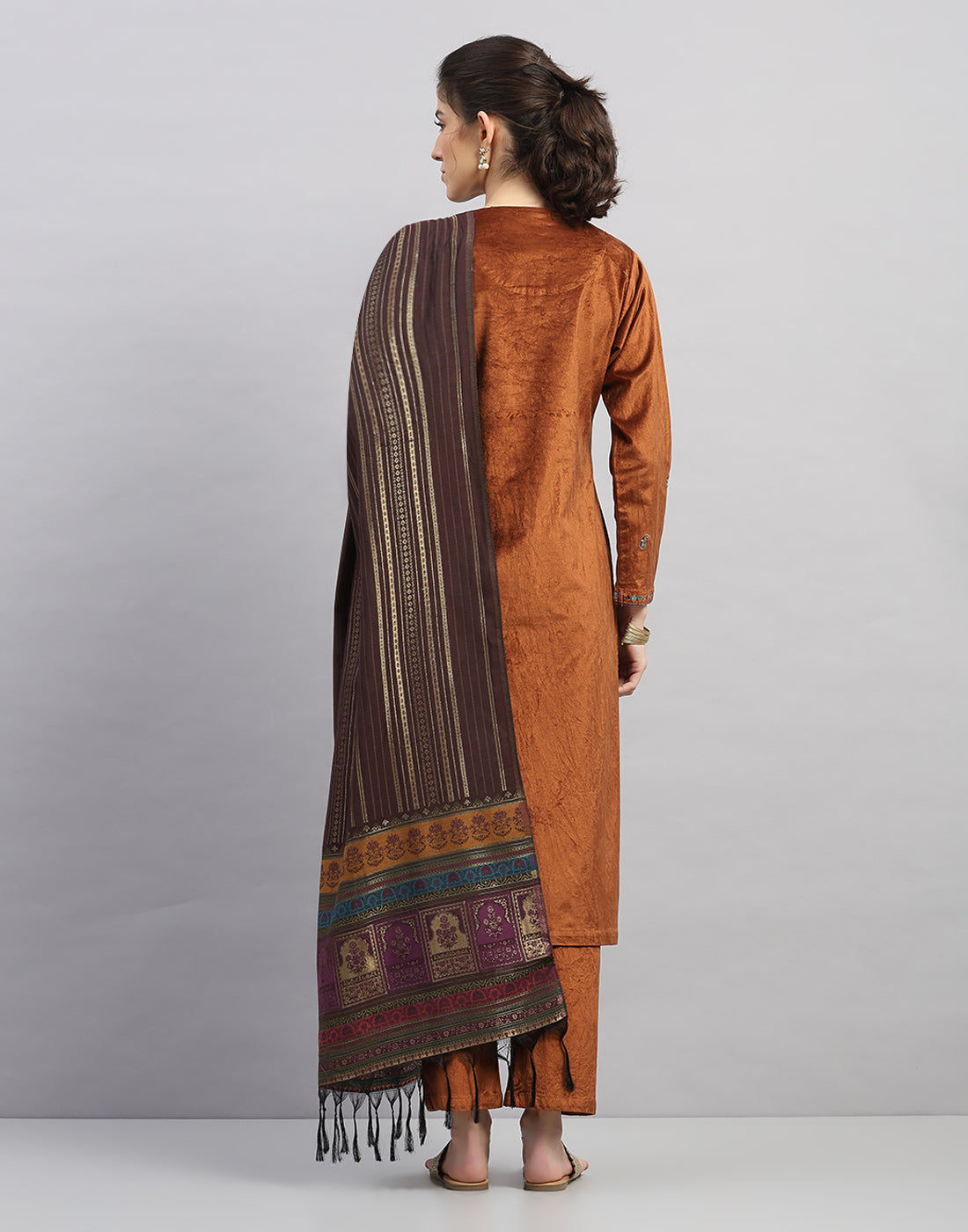 Women Rust Printed Round Neck Full Sleeve 3 Pc Kurtis Set for Winter