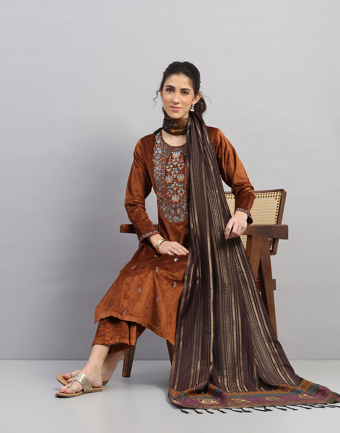 Women Rust Printed Round Neck Full Sleeve 3 Pc Kurtis Set for Winter