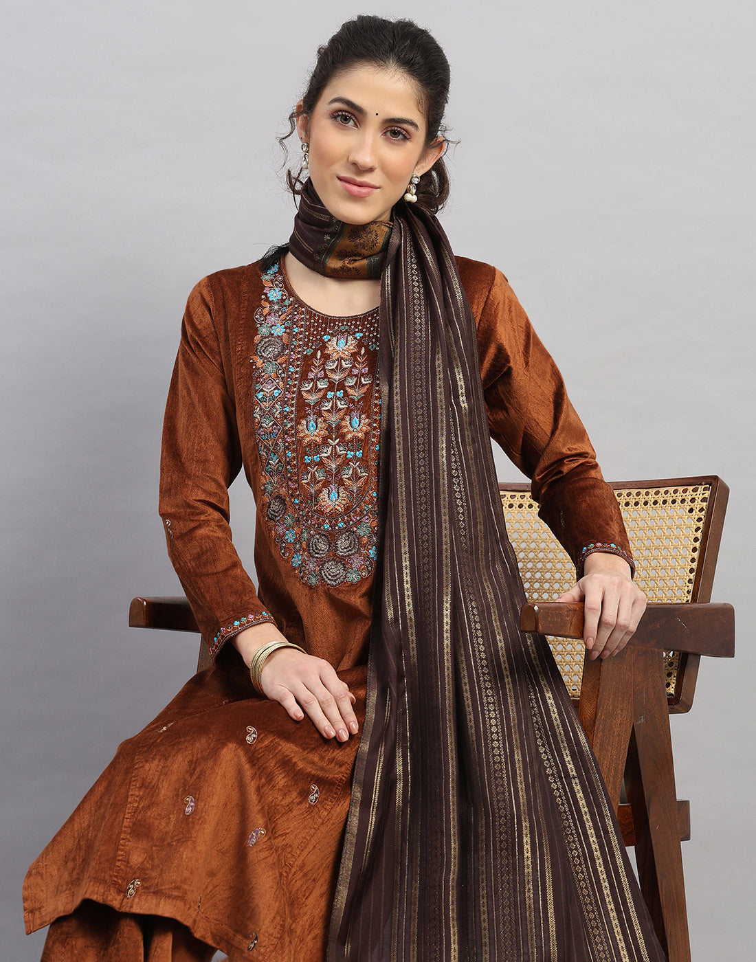 Women Rust Printed Round Neck Full Sleeve 3 Pc Kurtis Set for Winter