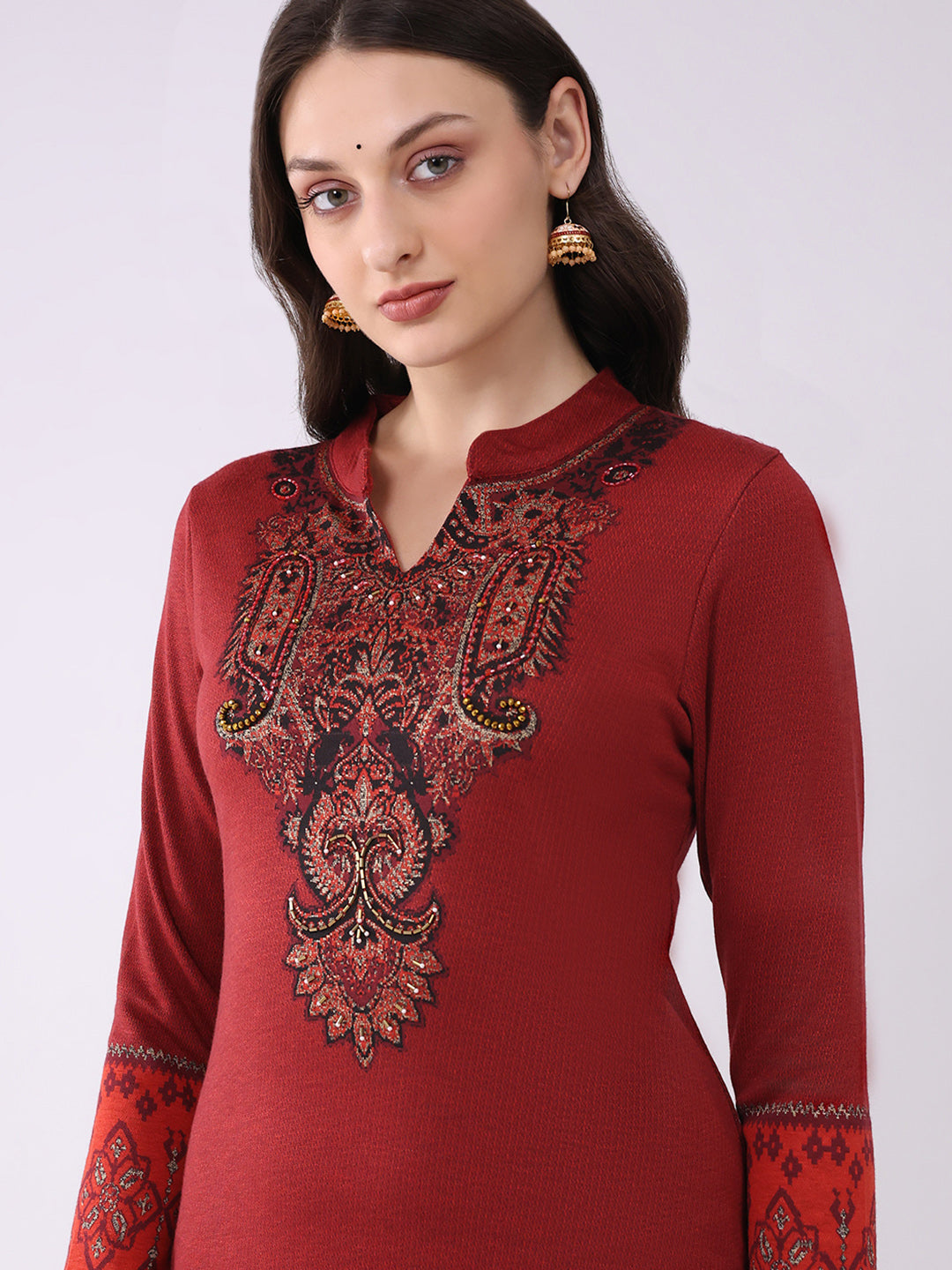 Women Red Printed Round Neck Full Sleeve Kurti Set for Winter