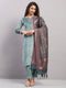 Women Blue Printed Round Neck Full Sleeve 3 Pc Kurti Set for Winter