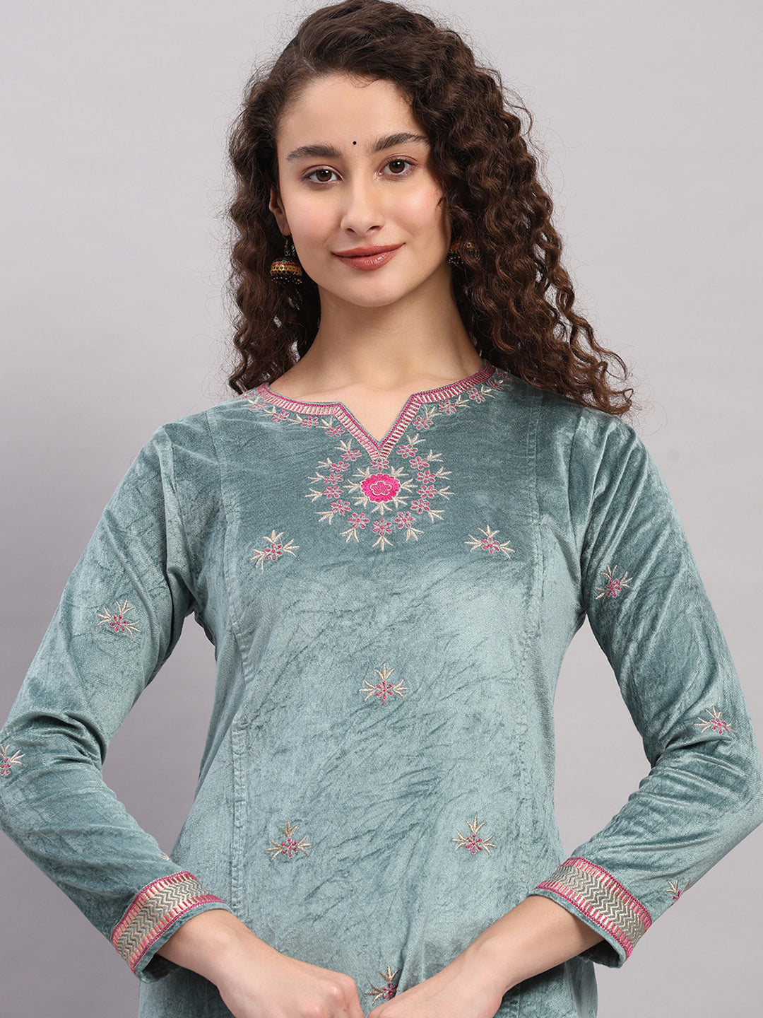 Women Blue Printed Round Neck Full Sleeve 3 Pc Kurti Set for Winter