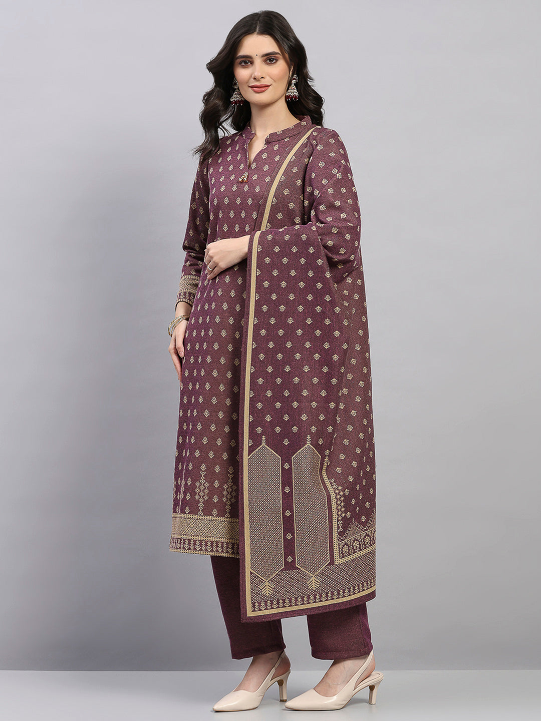 Women Brown Printed Round Neck Full Sleeve 3 Pc Kurti Set for Winter