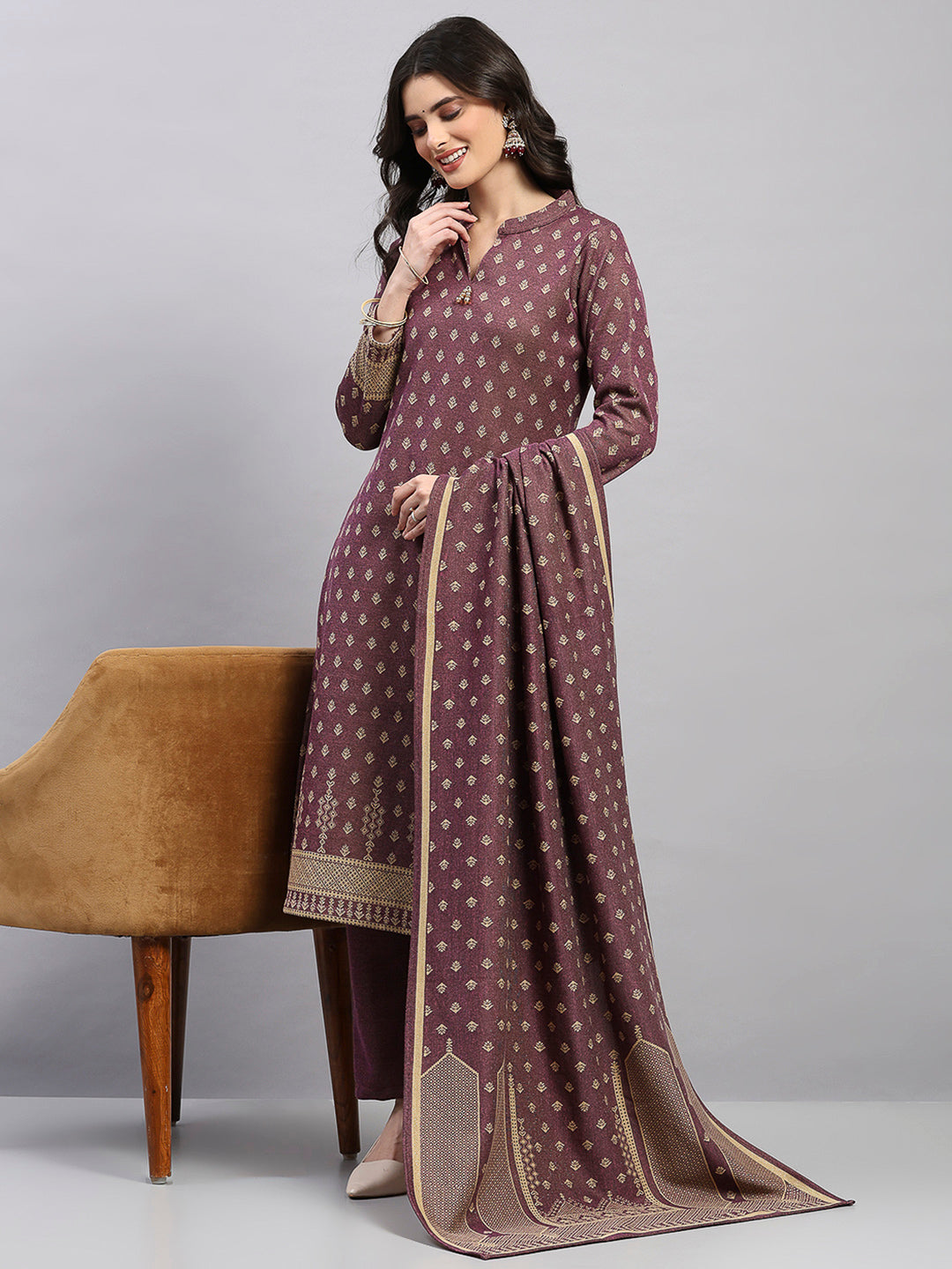 Women Brown Printed Round Neck Full Sleeve 3 Pc Kurti Set for Winter