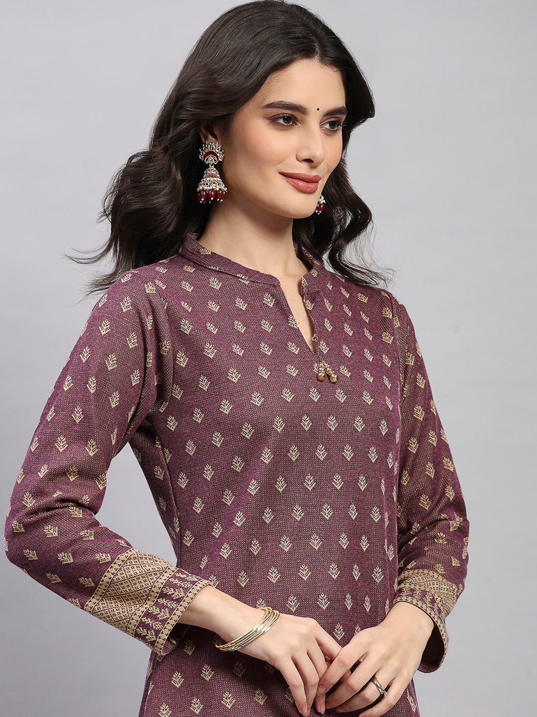 Women Brown Printed Round Neck Full Sleeve 3 Pc Kurti Set for Winter