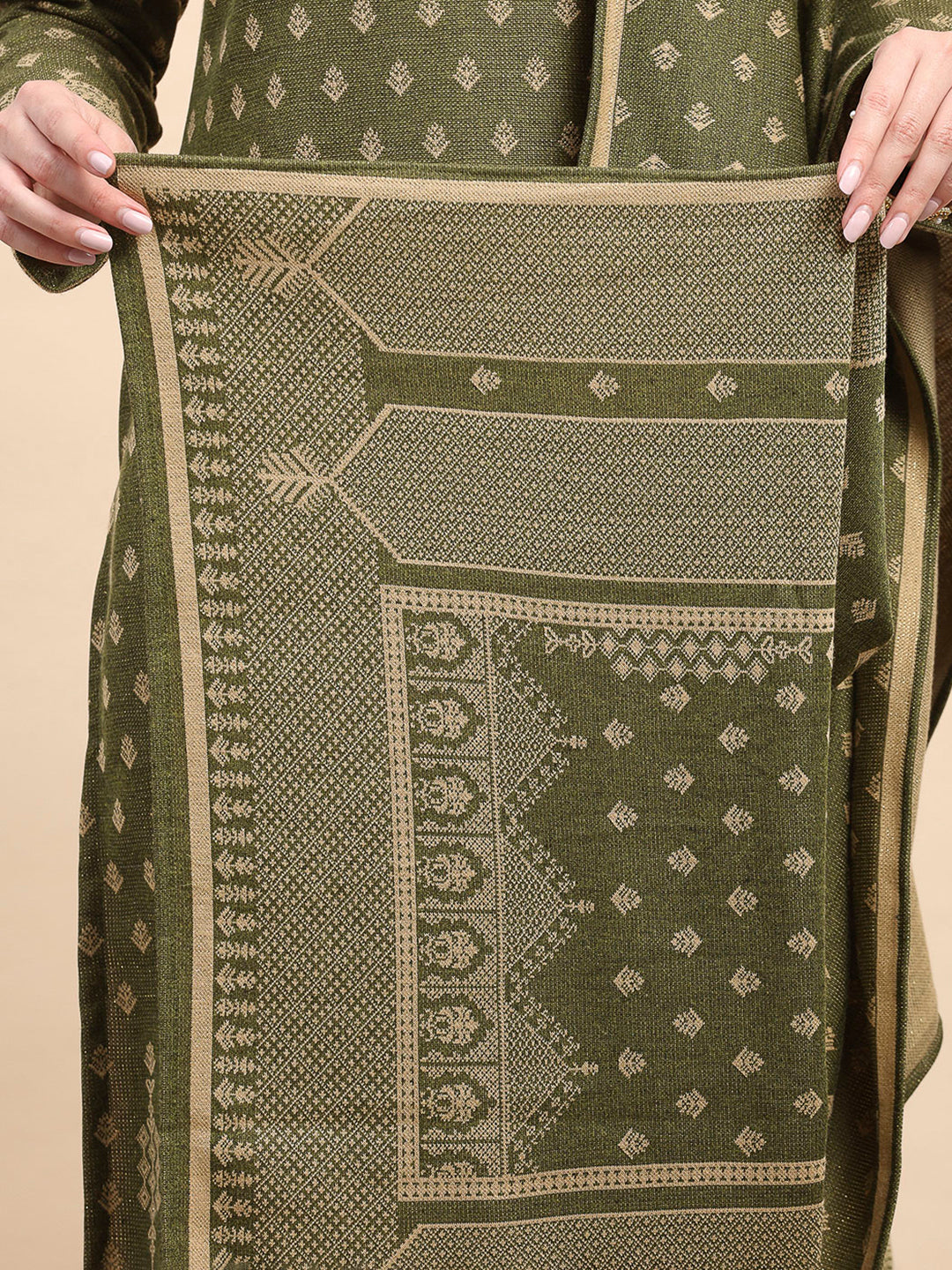 Women Green Printed Round Neck Full Sleeve 3 Pc Kurti Set for Winter
