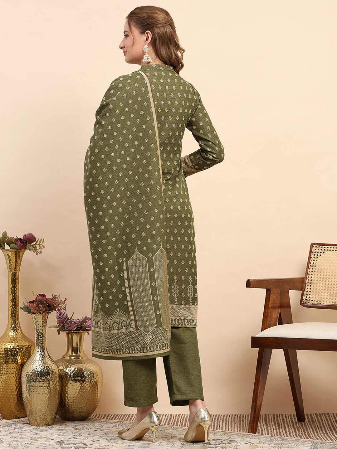 Women Green Printed Round Neck Full Sleeve 3 Pc Kurti Set for Winter