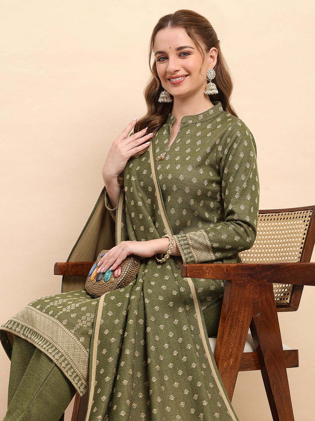 Women Green Printed Round Neck Full Sleeve 3 Pc Kurti Set for Winter