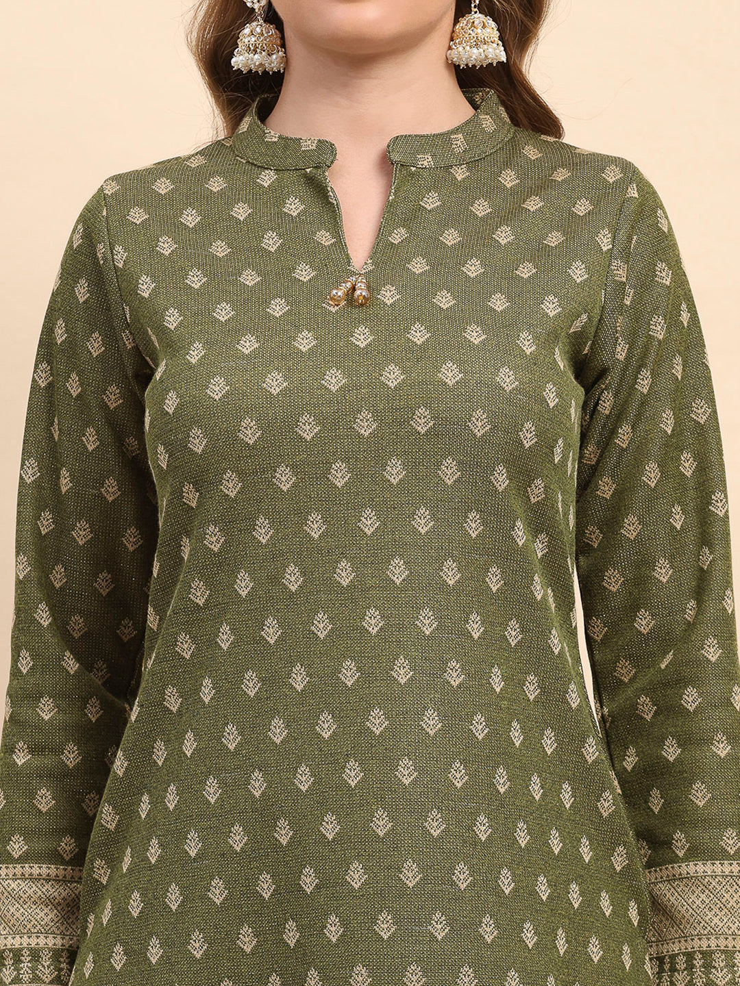 Women Green Printed Round Neck Full Sleeve 3 Pc Kurti Set for Winter