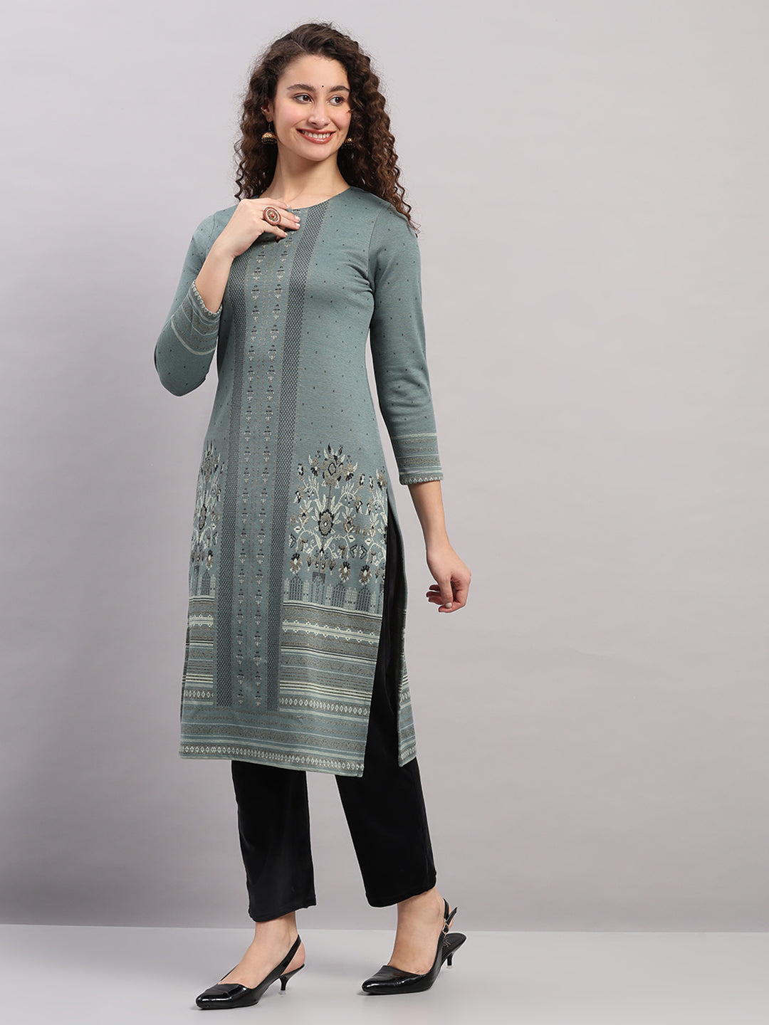 Women Light Blue Printed Round Neck Full Sleeve Winter Kurti