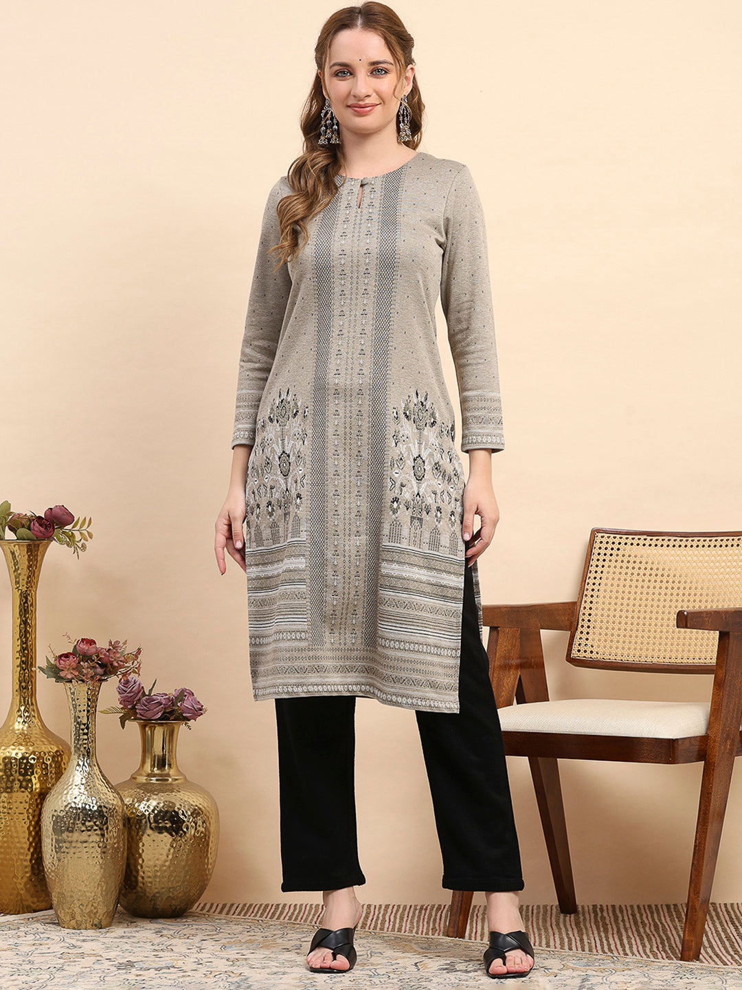 Women Beige Printed Round Neck Full Sleeve Winter Kurti