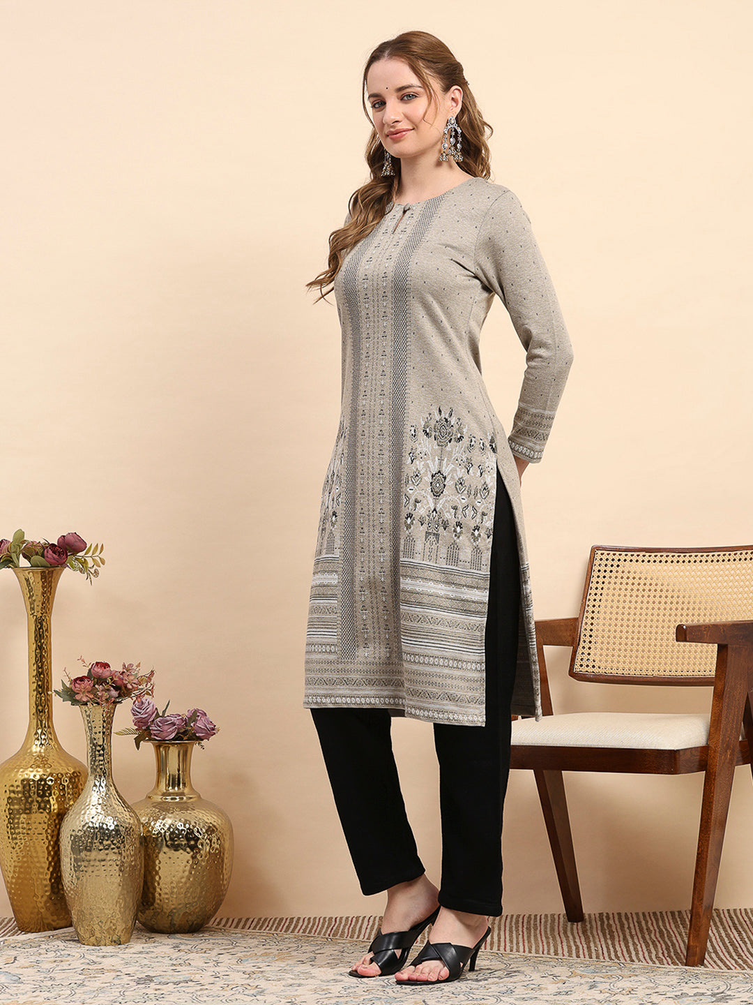 Women Beige Printed Round Neck Full Sleeve Winter Kurti