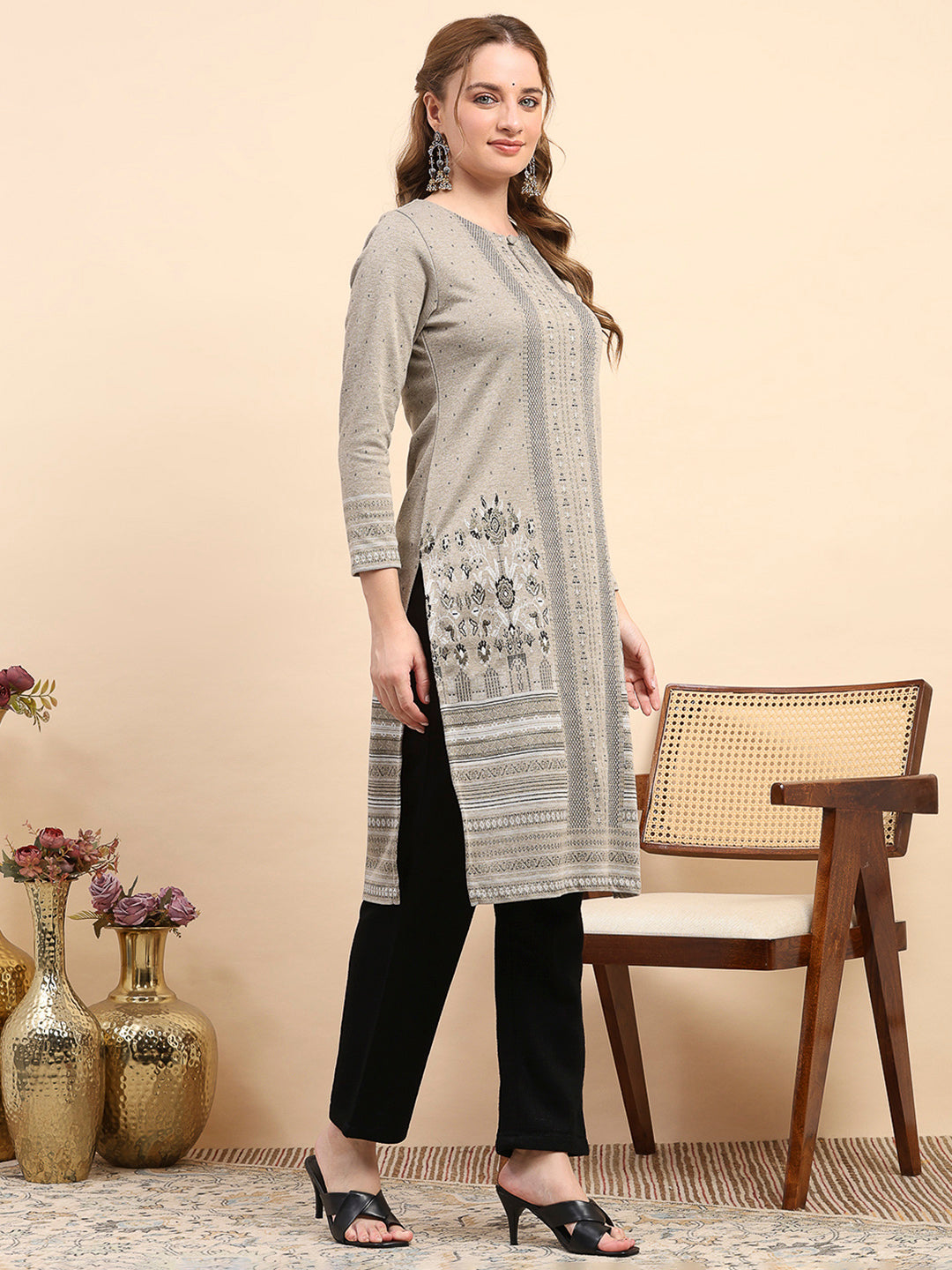 Women Beige Printed Round Neck Full Sleeve Winter Kurti