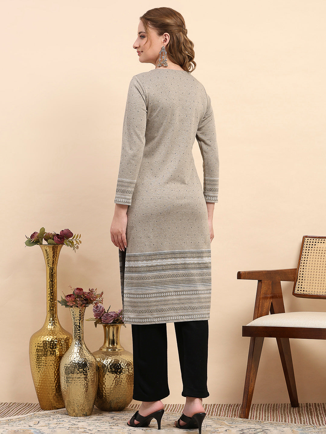 Women Beige Printed Round Neck Full Sleeve Winter Kurti