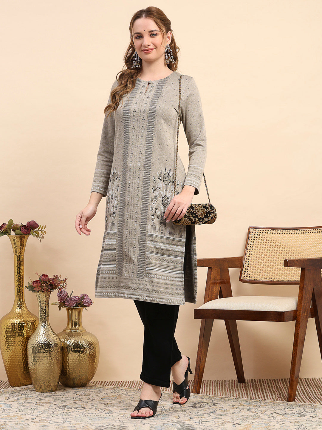Women Beige Printed Round Neck Full Sleeve Winter Kurti