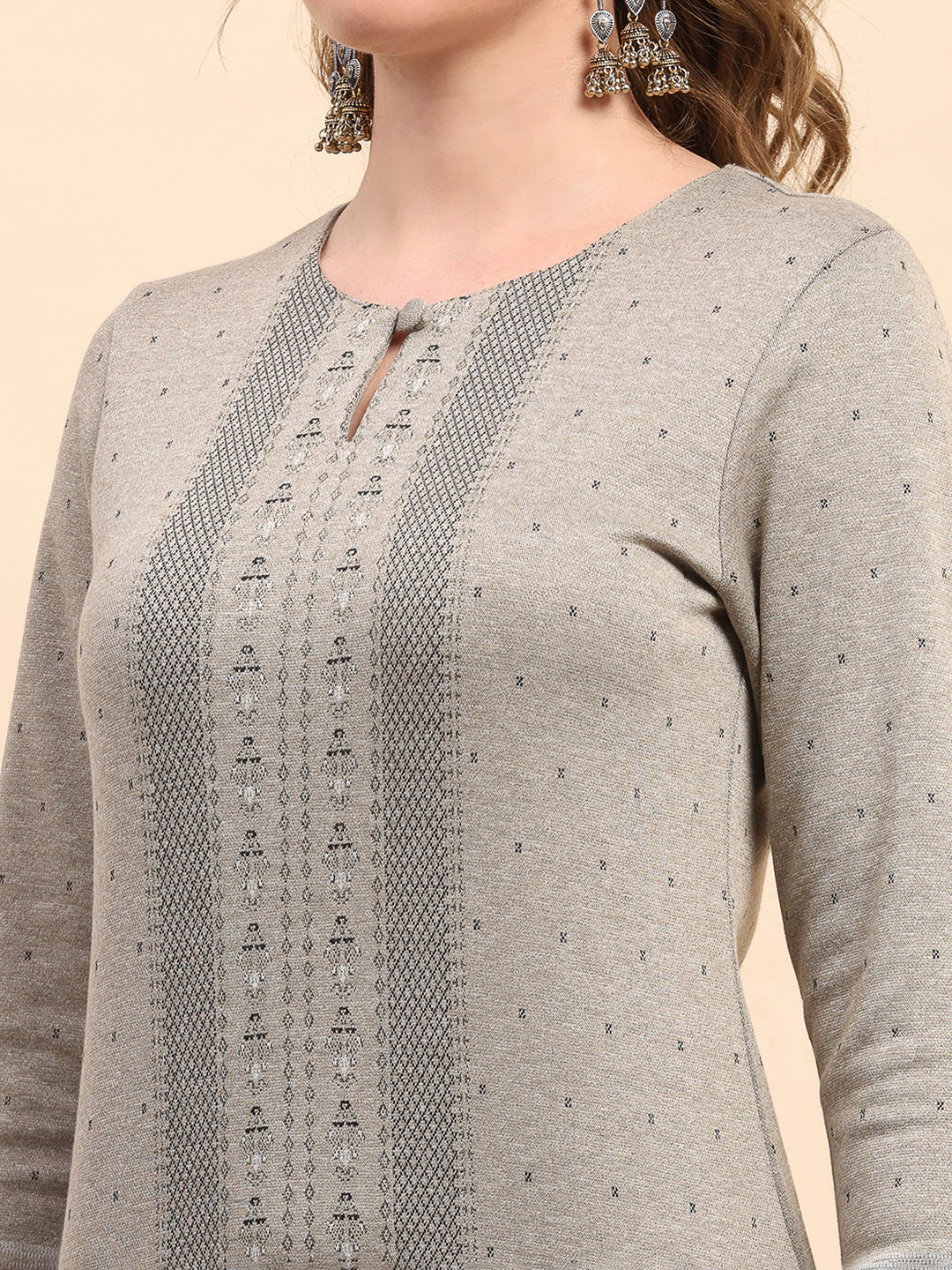 Women Beige Printed Round Neck Full Sleeve Winter Kurti