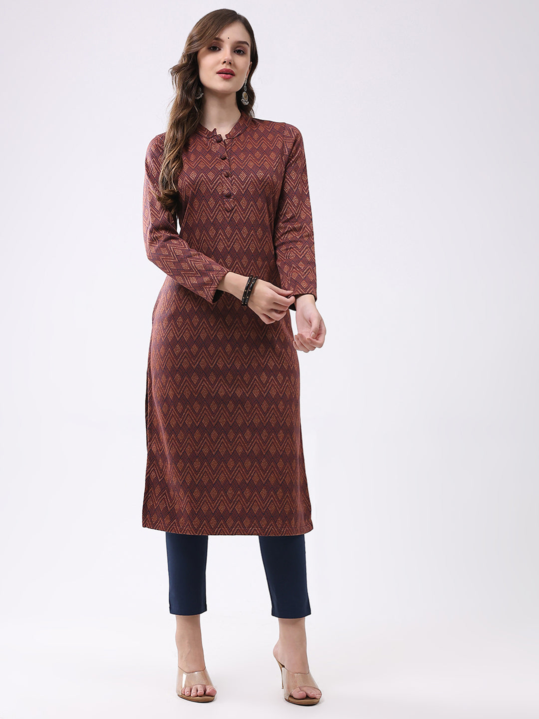 Women Rust Self Design Round Neck Full Sleeve Winter Kurti
