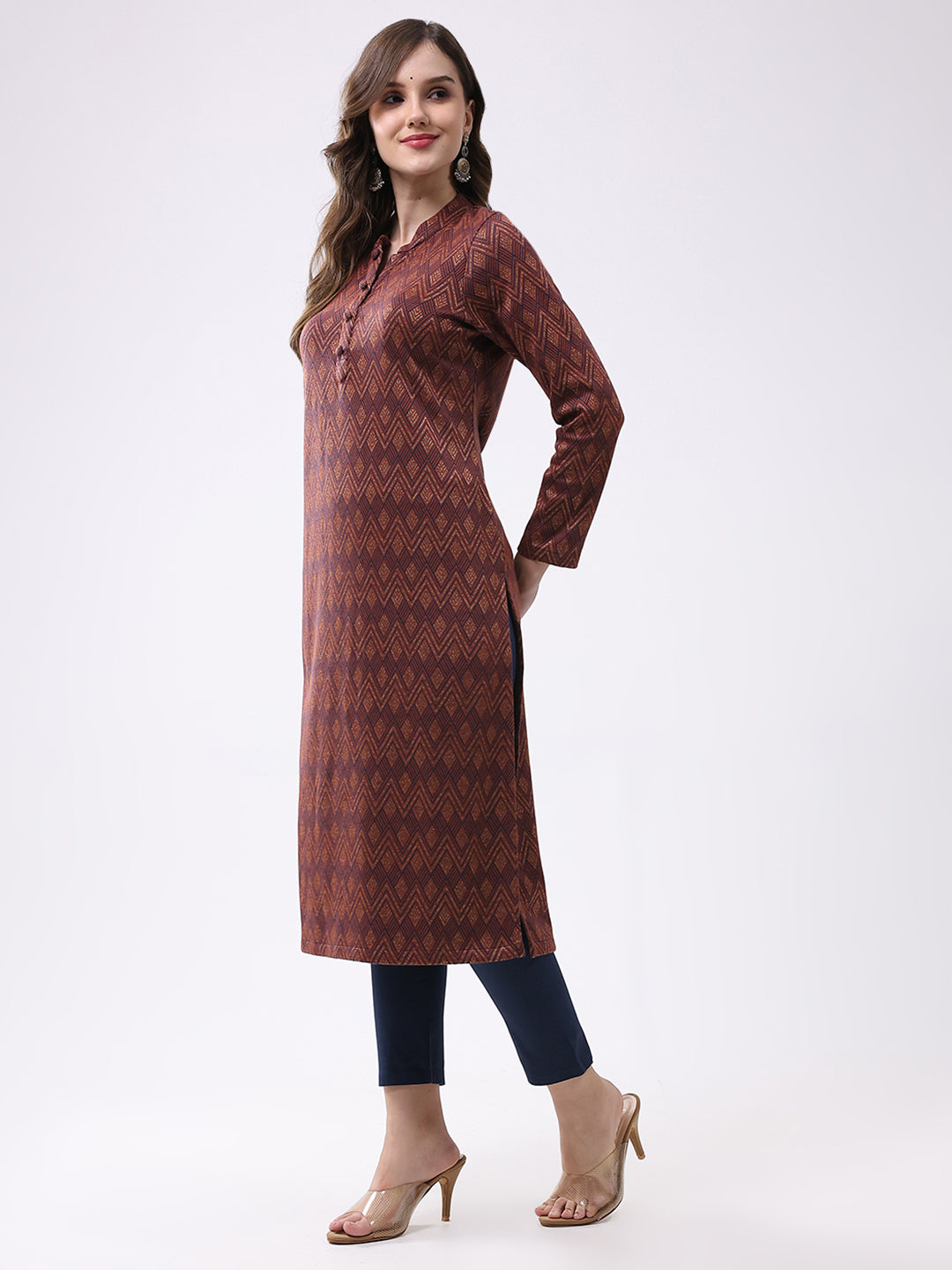 Women Rust Self Design Round Neck Full Sleeve Winter Kurti