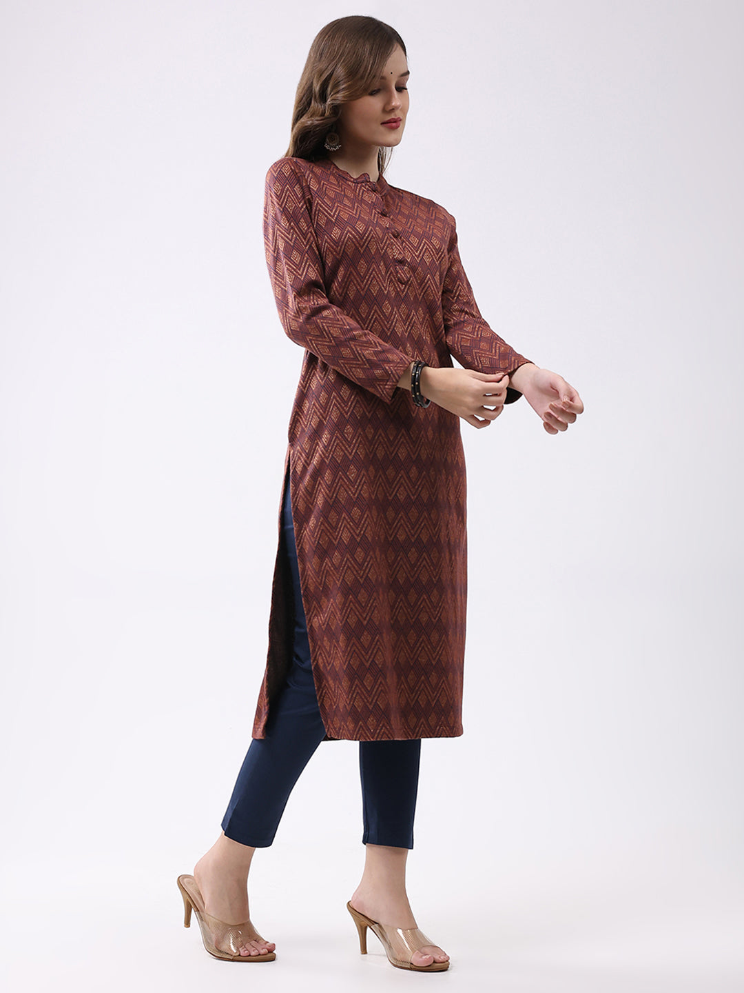 Women Rust Self Design Round Neck Full Sleeve Winter Kurti