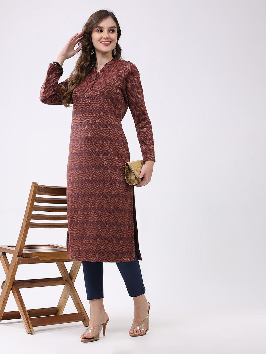 Women Rust Self Design Round Neck Full Sleeve Winter Kurti