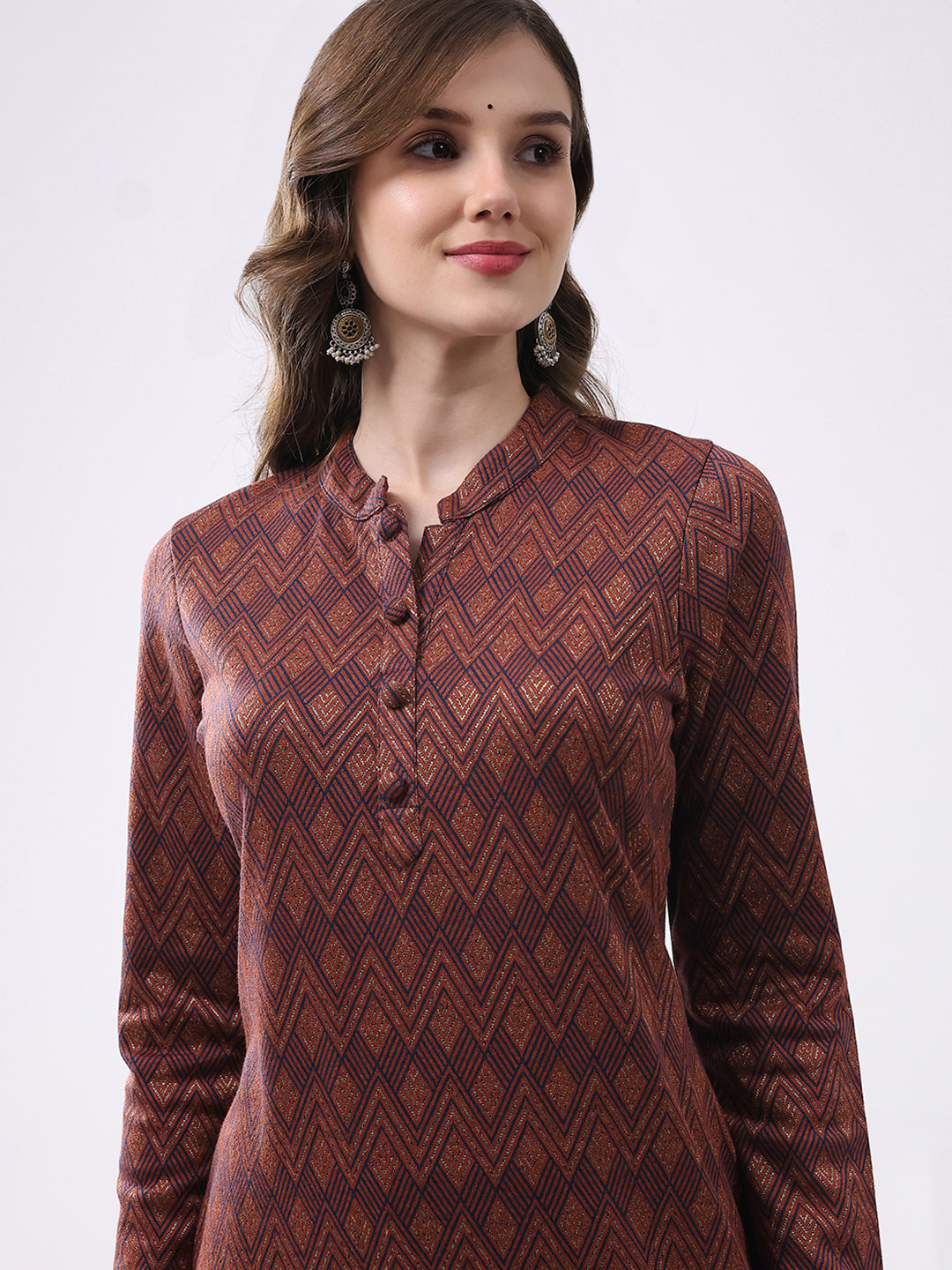 Women Rust Self Design Round Neck Full Sleeve Winter Kurti