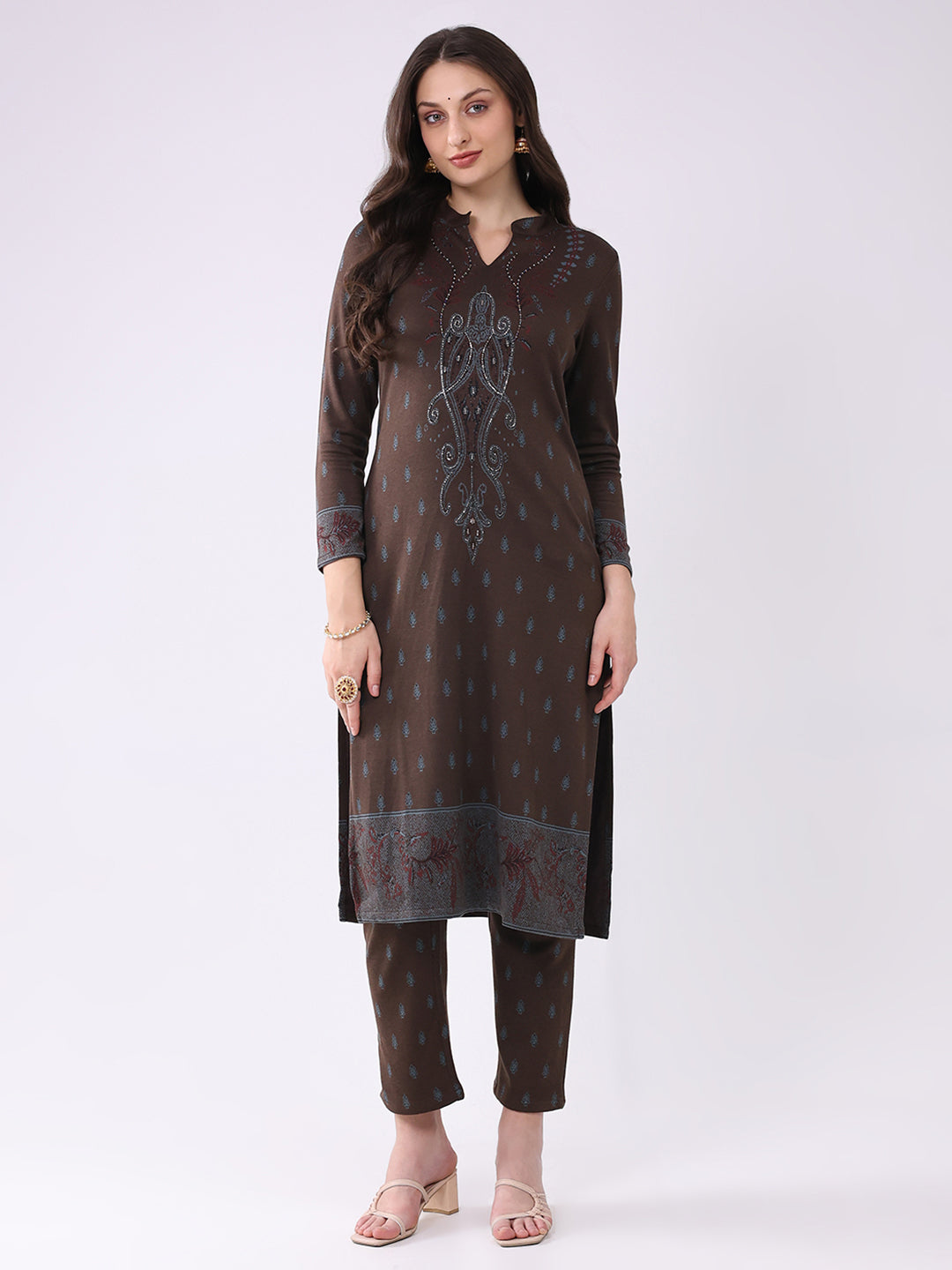 Women Brown Printed Round Neck Full Sleeve Kurti Set for Winter