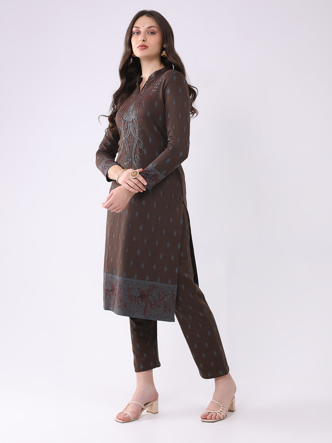 Women Brown Printed Round Neck Full Sleeve Kurti Set for Winter