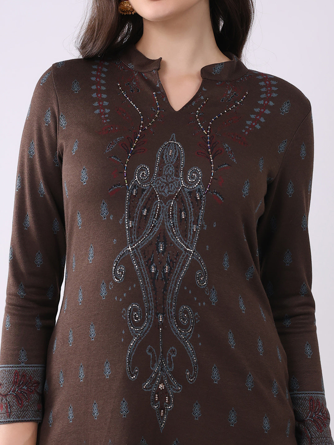 Women Brown Printed Round Neck Full Sleeve Kurti Set for Winter