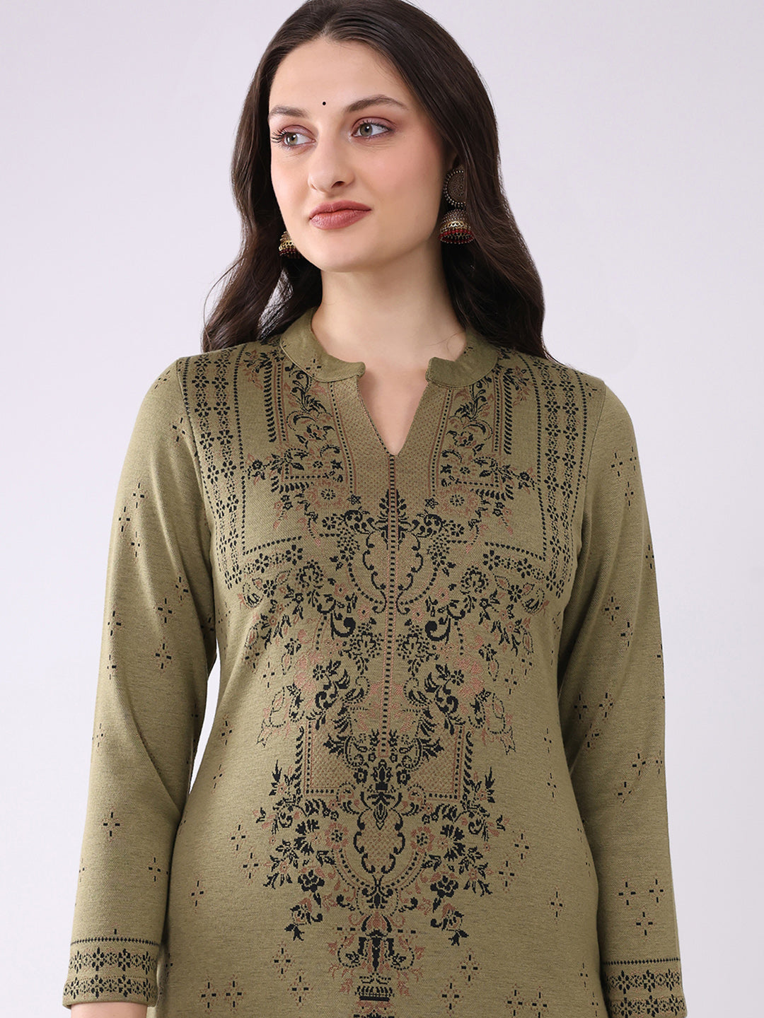 Women Green Printed Round Neck Full Sleeve Winter Kurti