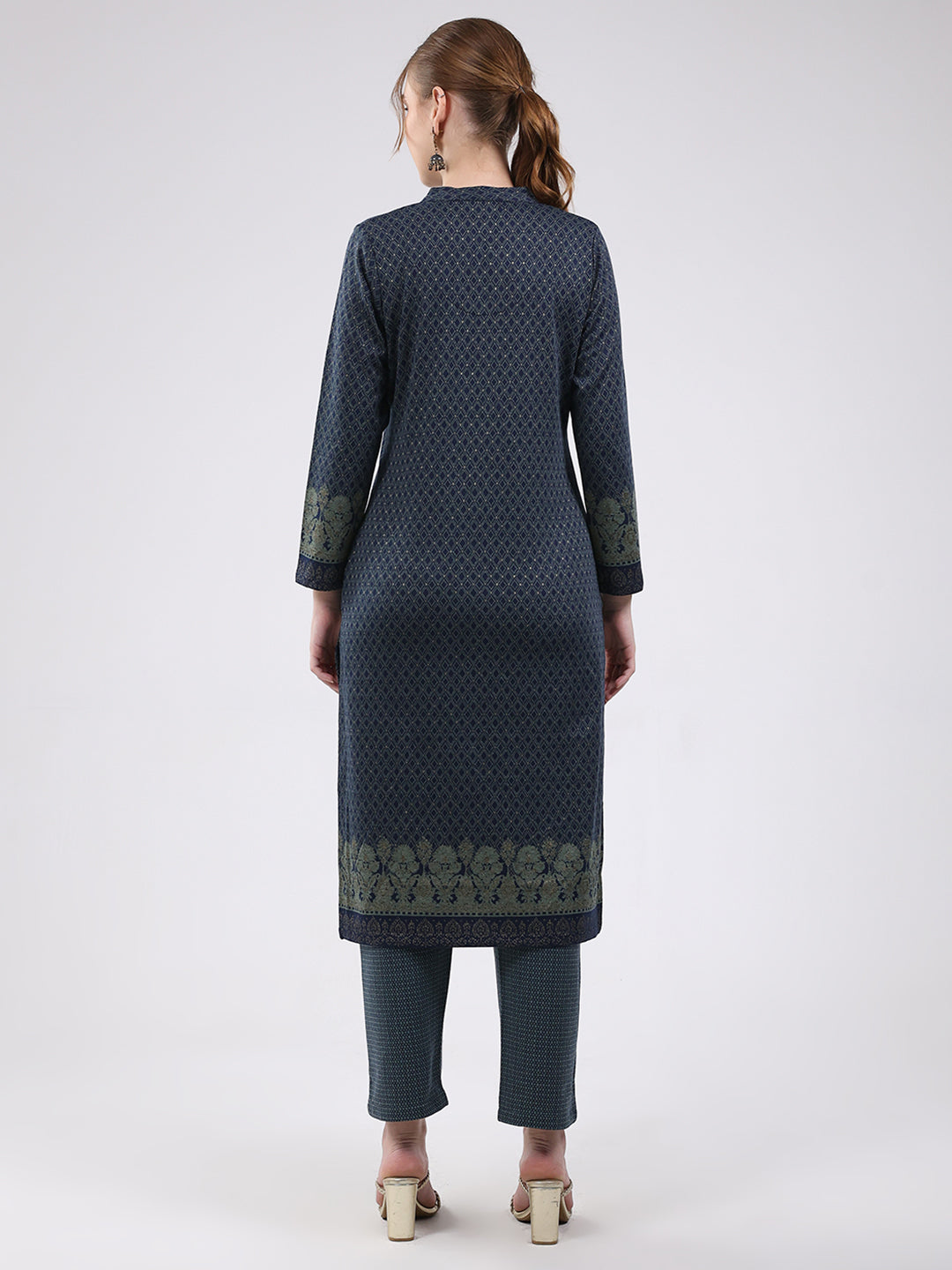 Women Navy Blue Printed Round Neck Full Sleeve Kurti Set for Winter