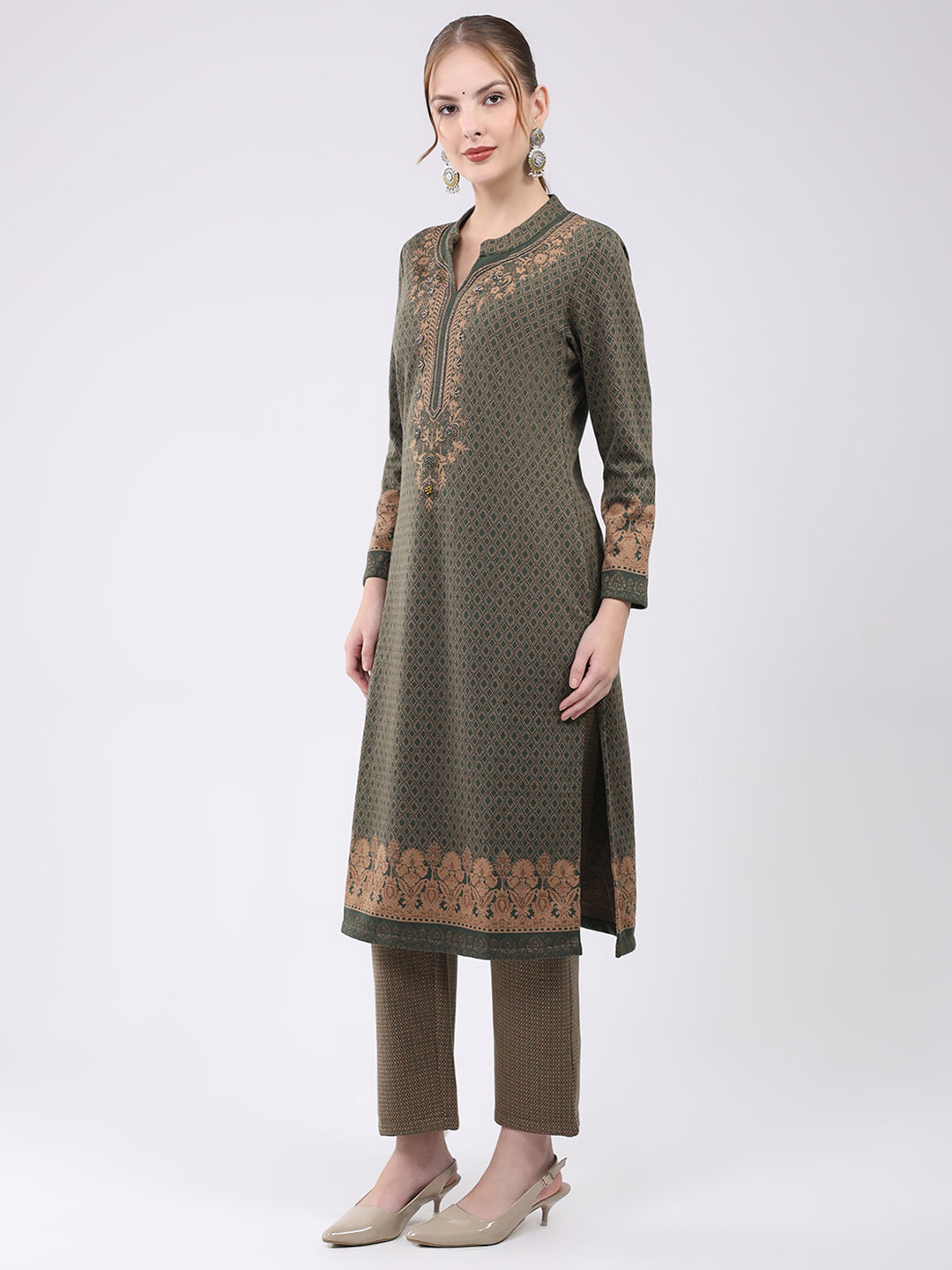 Women Olive Printed Round Neck Full Sleeve Kurti Set for Winter