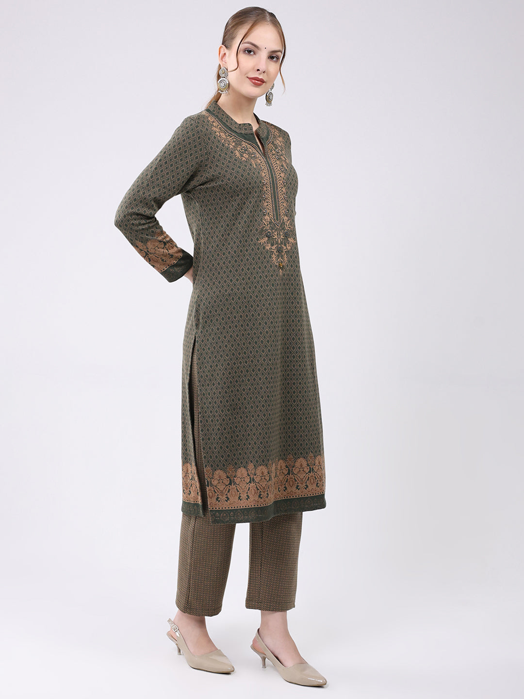 Women Olive Printed Round Neck Full Sleeve Kurti Set for Winter
