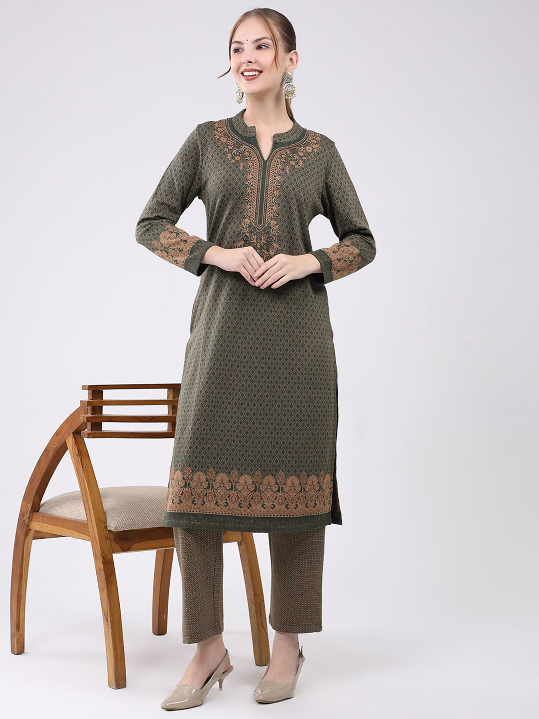 Women Olive Printed Round Neck Full Sleeve Kurti Set for Winter