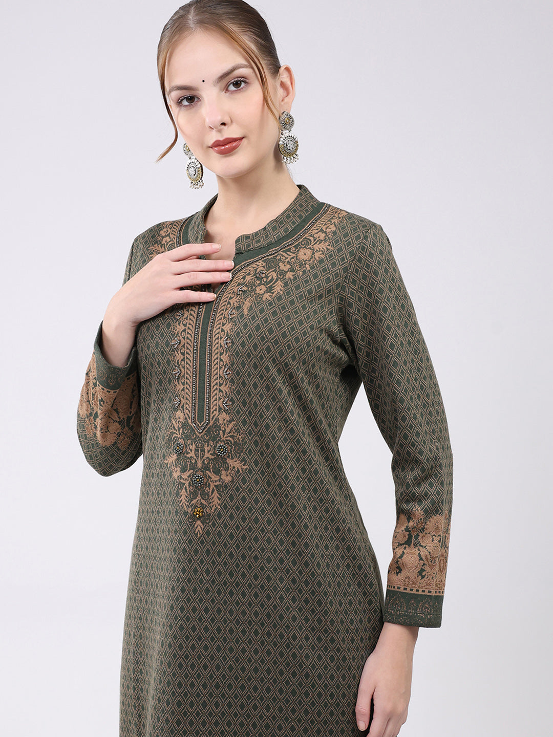 Women Olive Printed Round Neck Full Sleeve Kurti Set for Winter
