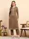Women Mustard Printed Round Neck Full Sleeve Kurti Set for Winter
