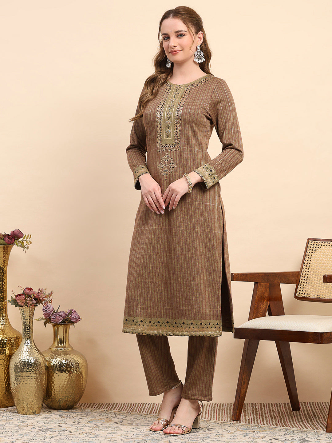 Women Mustard Printed Round Neck Full Sleeve Kurti Set for Winter