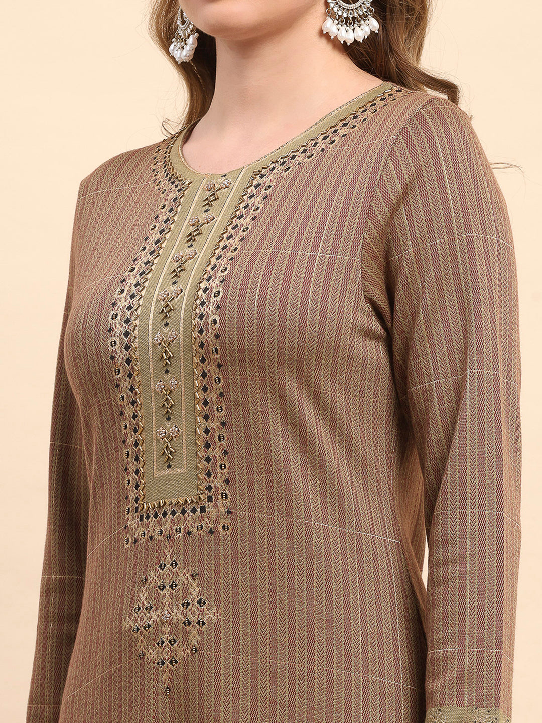 Women Mustard Printed Round Neck Full Sleeve Kurti Set for Winter