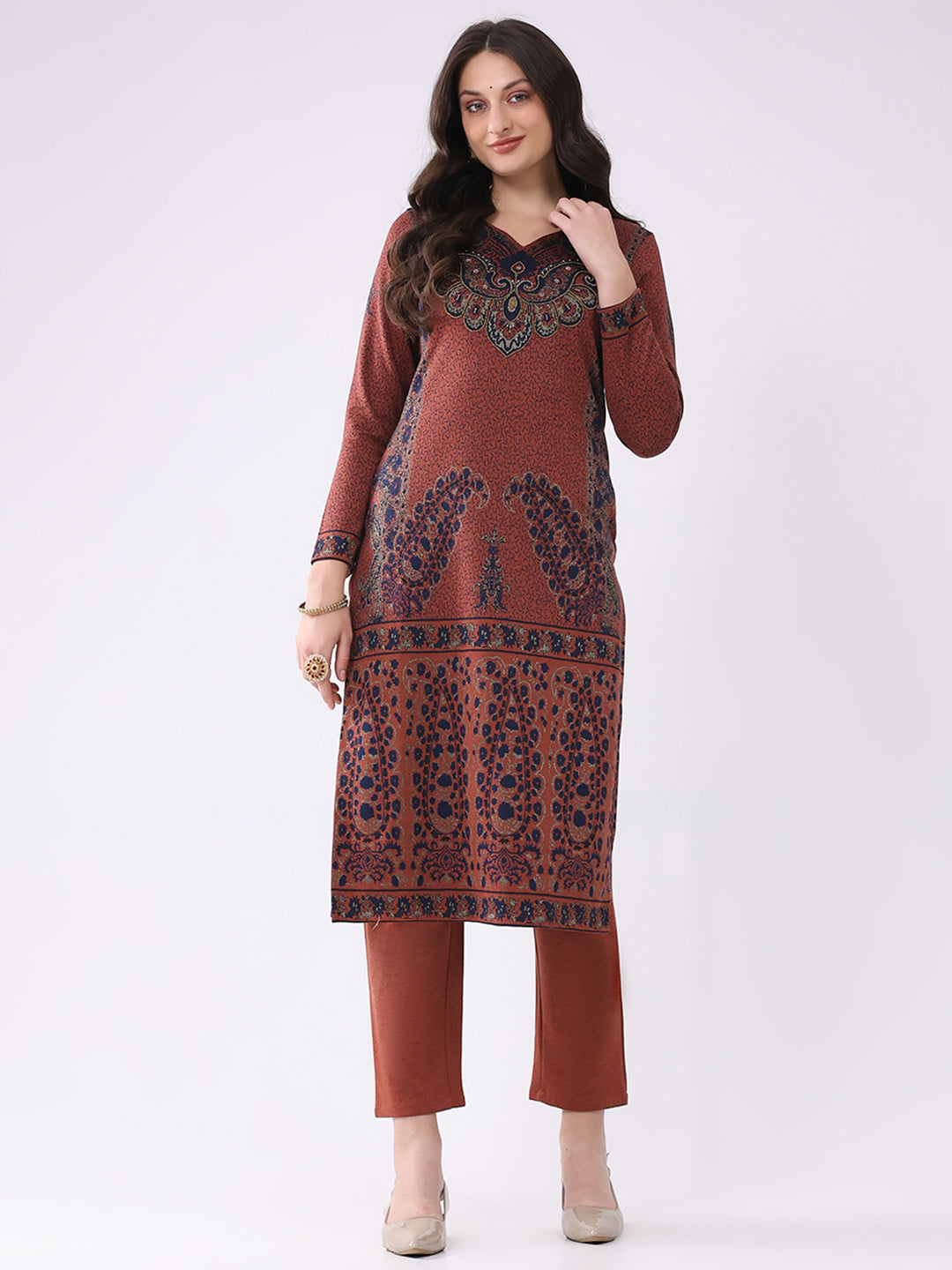 Women Rust Printed V Neck Full Sleeve Kurti Set for Winter