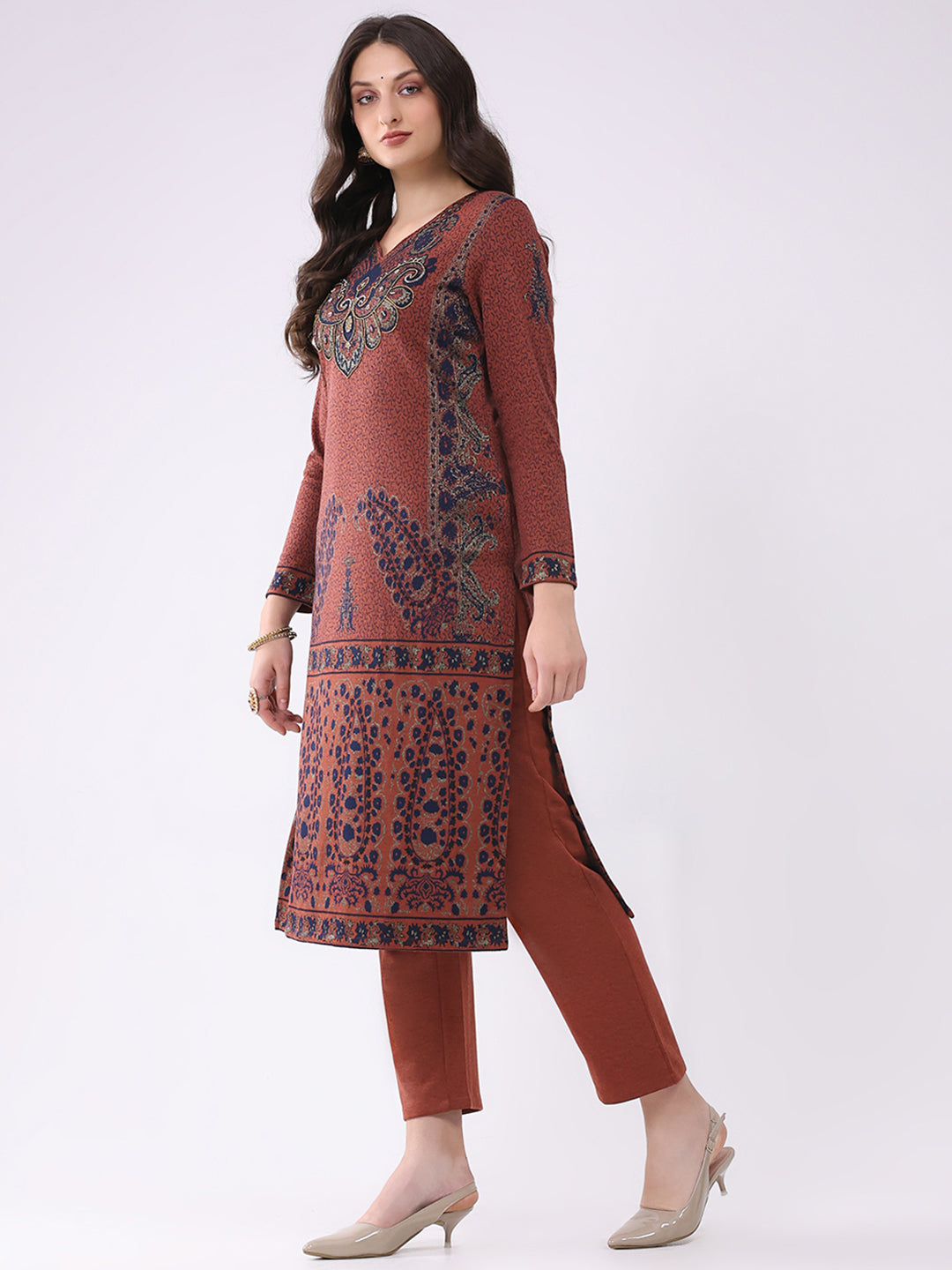 Women Rust Printed V Neck Full Sleeve Kurti Set for Winter