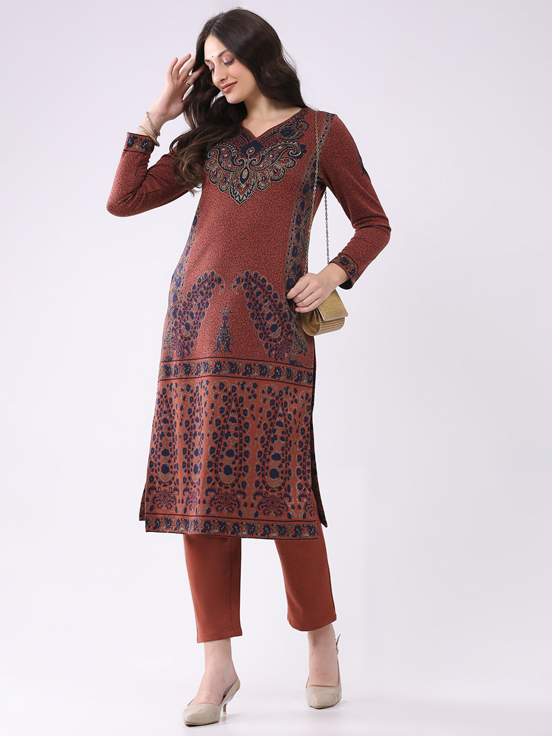Women Rust Printed V Neck Full Sleeve Kurti Set for Winter