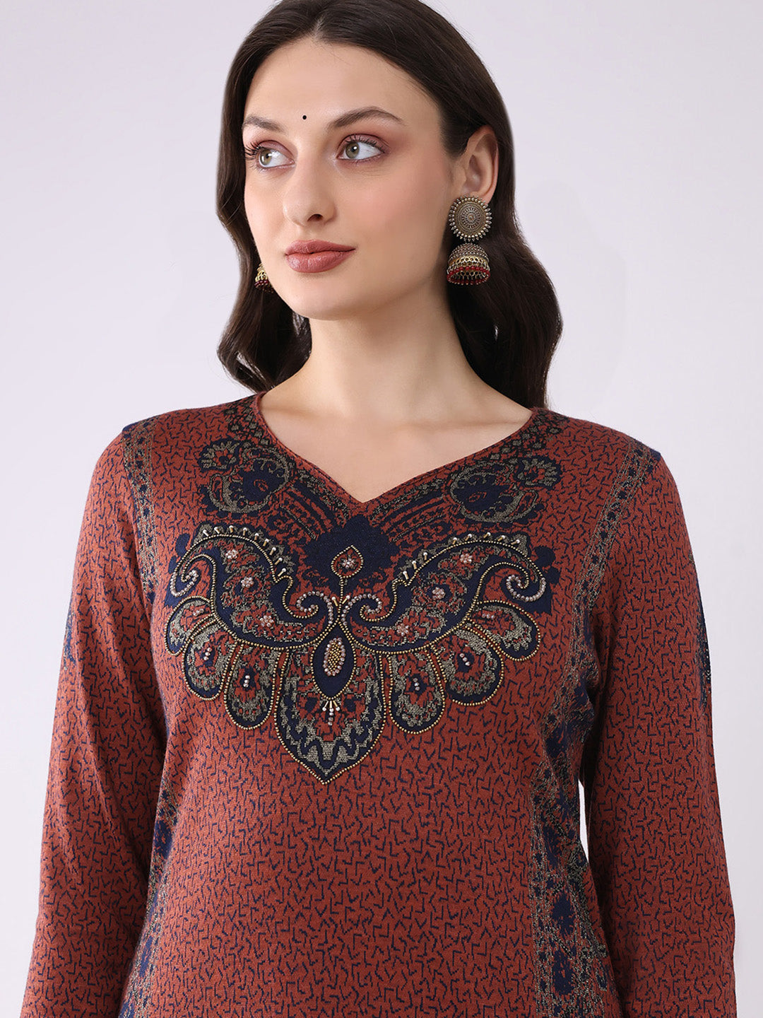 Women Rust Printed V Neck Full Sleeve Kurti Set for Winter