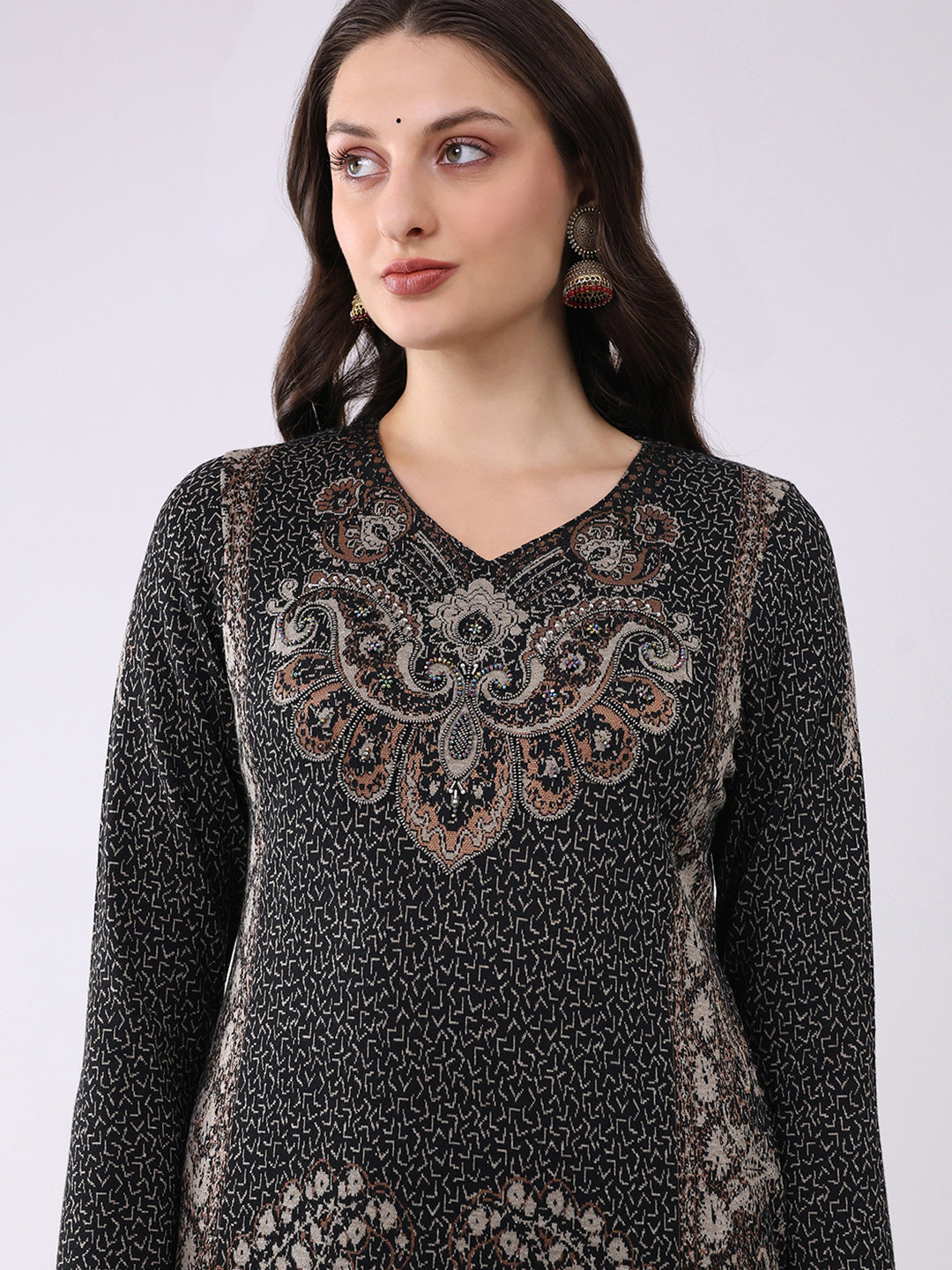 Women Green Printed V Neck Full Sleeve Kurti Set for Winter