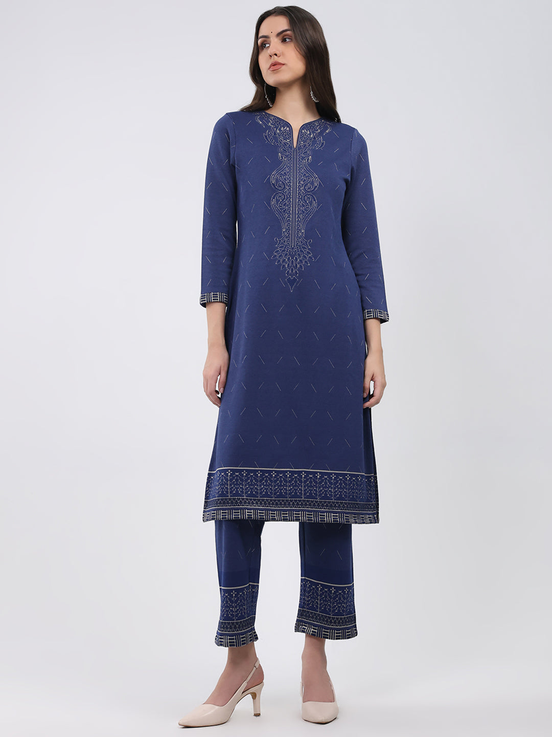 Women Blue Printed Round Neck Full Sleeve Kurti Set for Winter