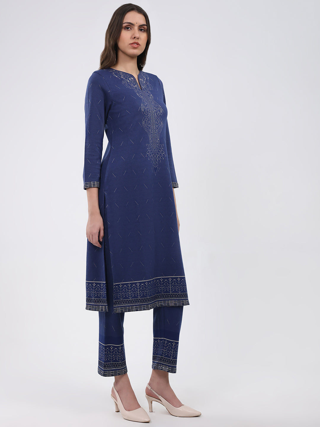 Women Blue Printed Round Neck Full Sleeve Kurti Set for Winter