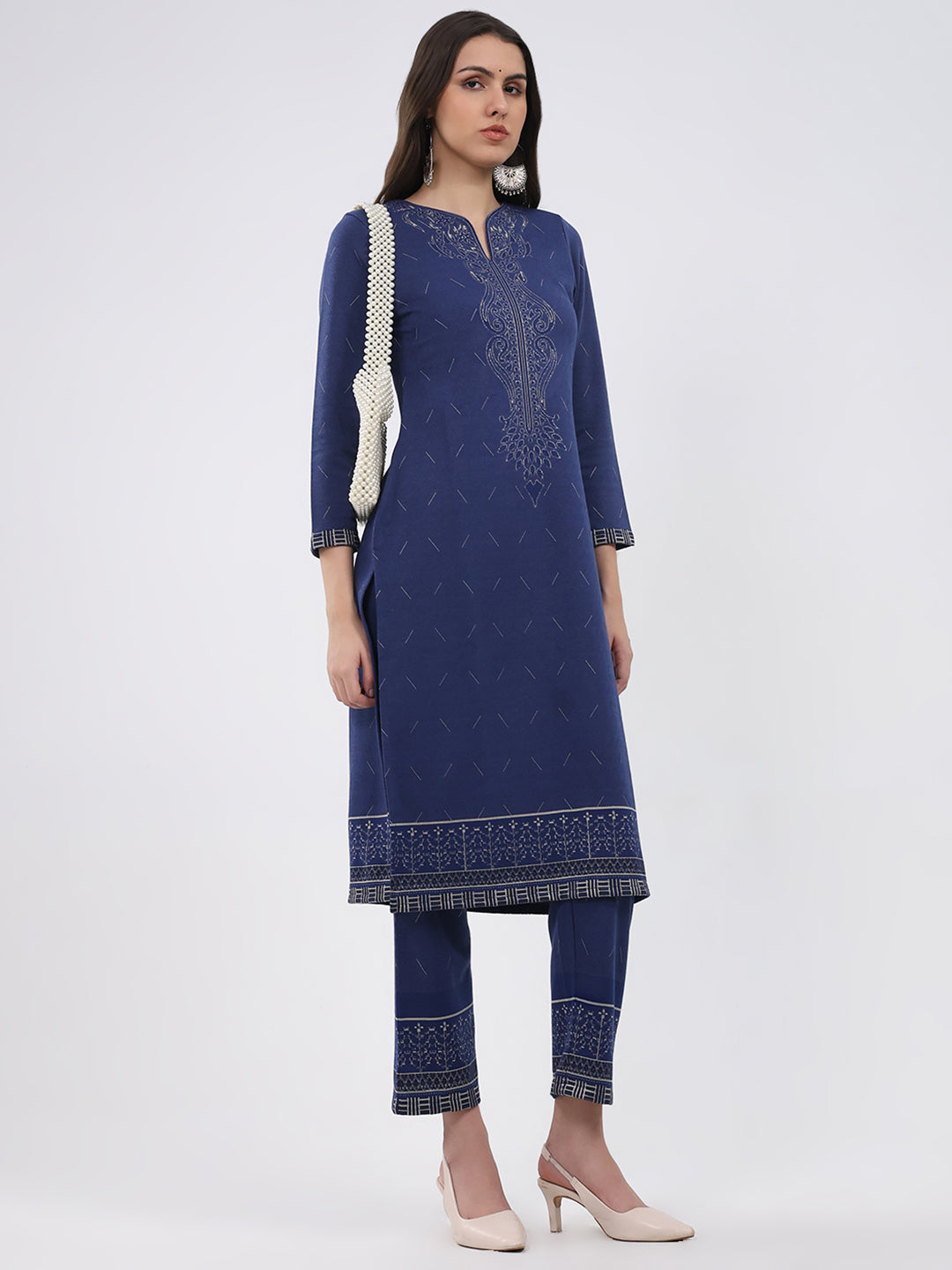 Women Blue Printed Round Neck Full Sleeve Kurti Set for Winter